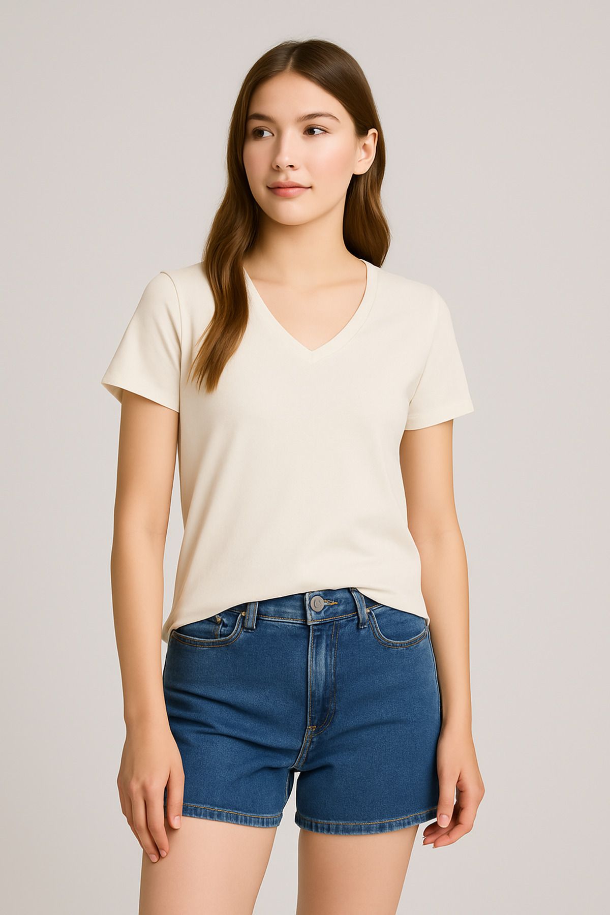 MAMAYAGA Kadın V Yaka Yarım Kol Basic Günlük Pamuk Düz Yazlık Tshirt Rahat Bluz