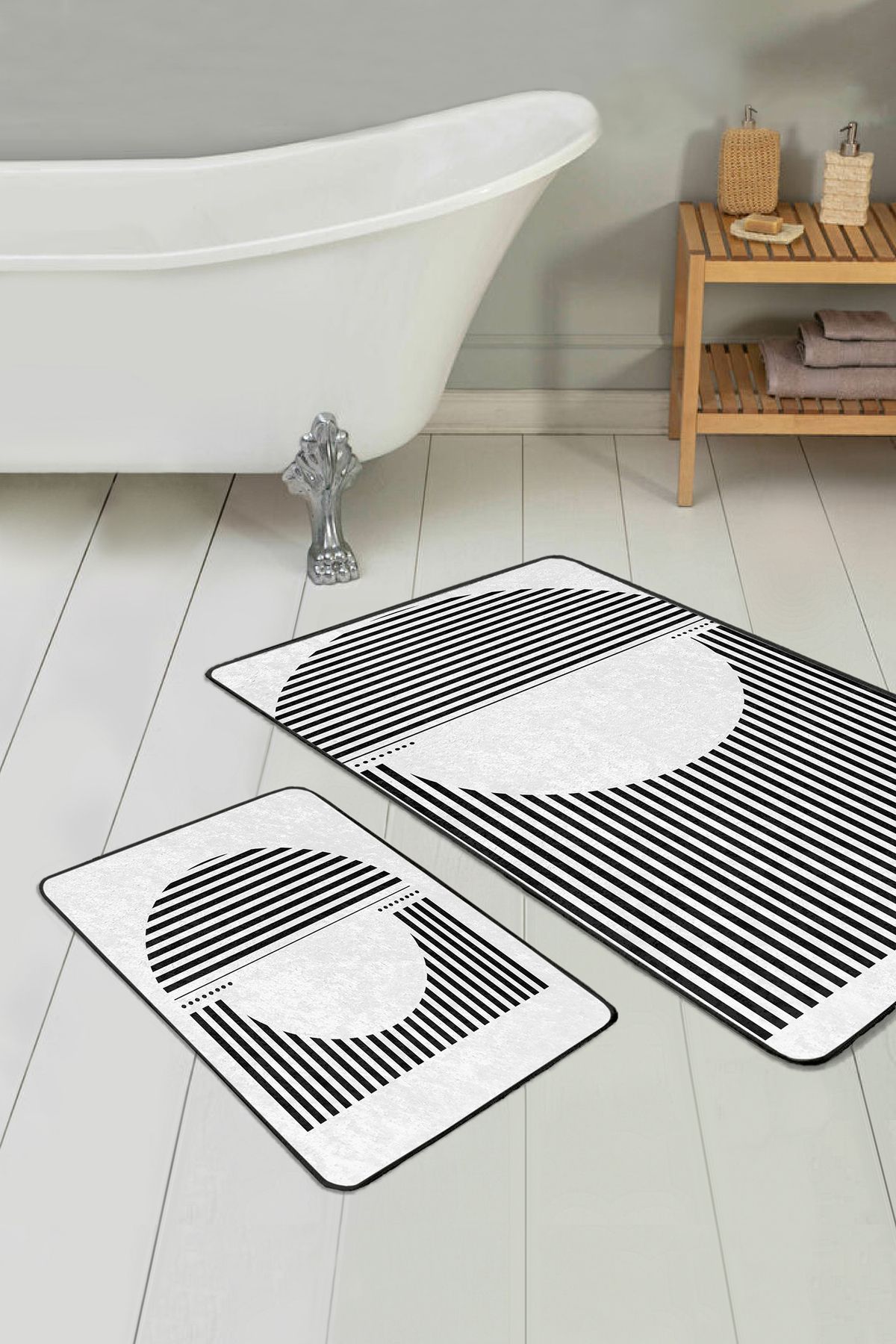 Realhomes Siyah Beyaz Çizgili Desen 2'li Banyo Paspas Takımı & Mutfak Paspas Seti