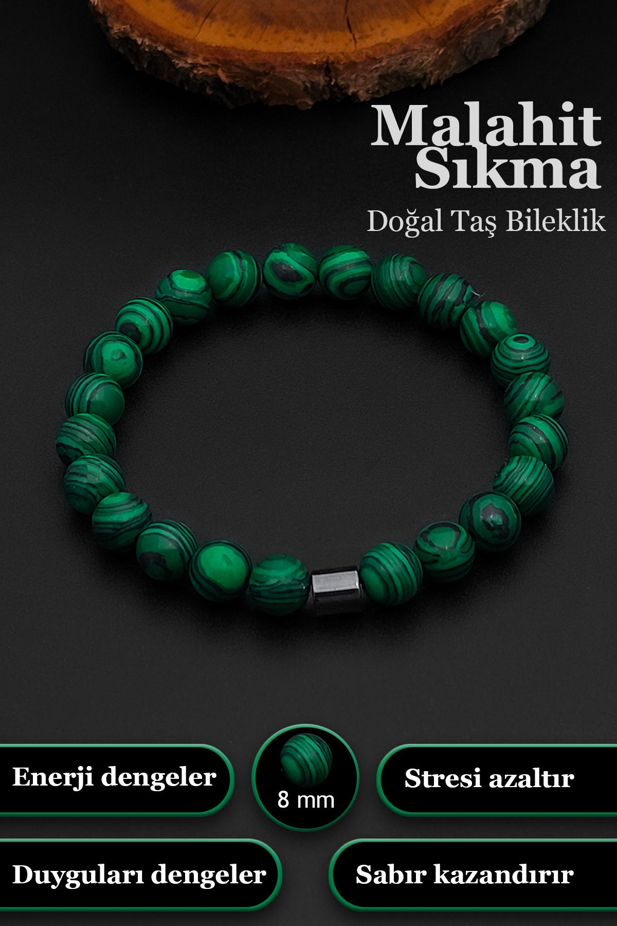 SİLVERA TELKARİ Erkek Sıkma Malahit Bileklik Kadın Bileklik 8 mm BT042