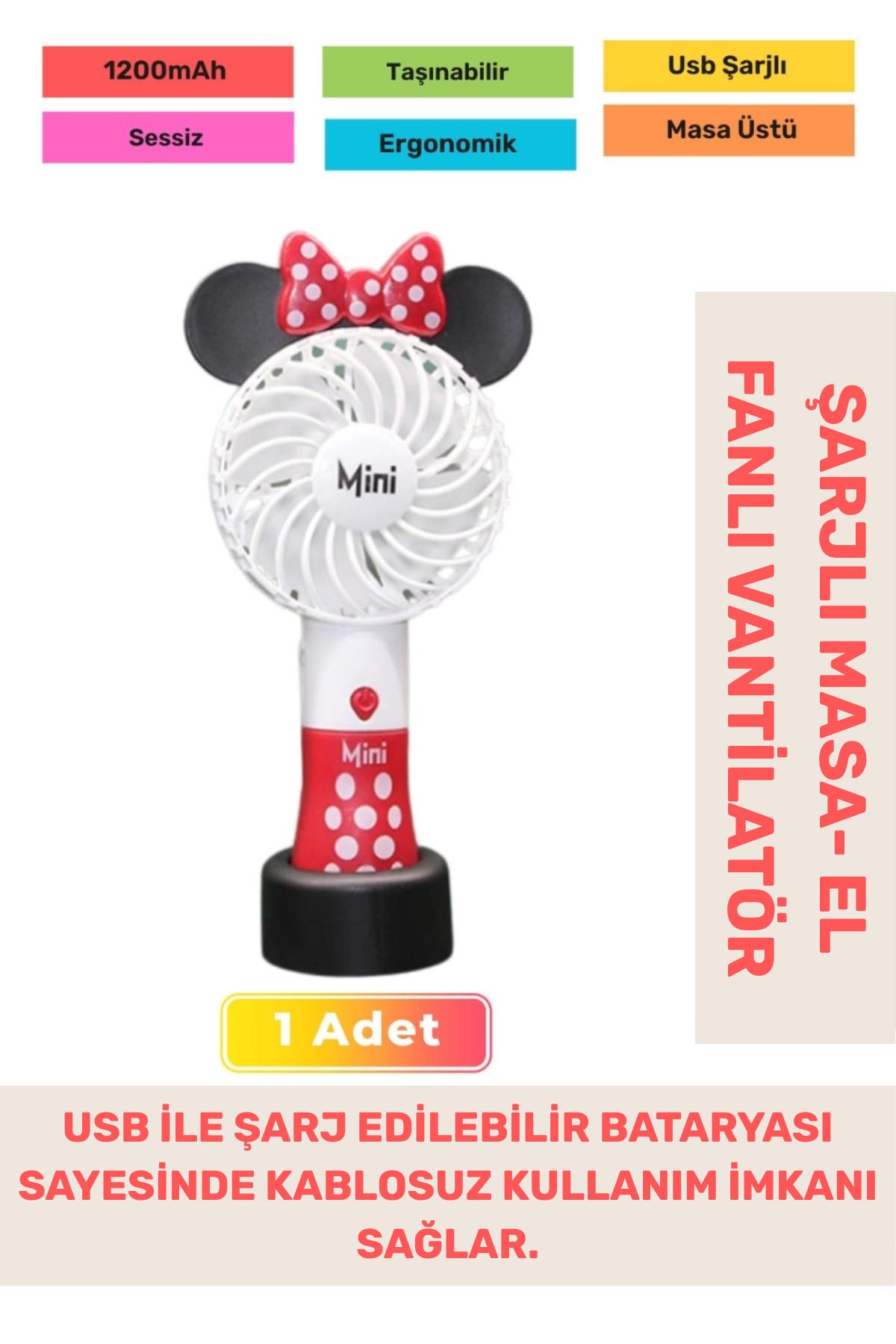 PeraNova Özel Seri Sessiz 3 Kademeli Hafif Kablosuz 1200mAh Taşınabilir Usb Şarjlı Masa El Fanı Vantilatör