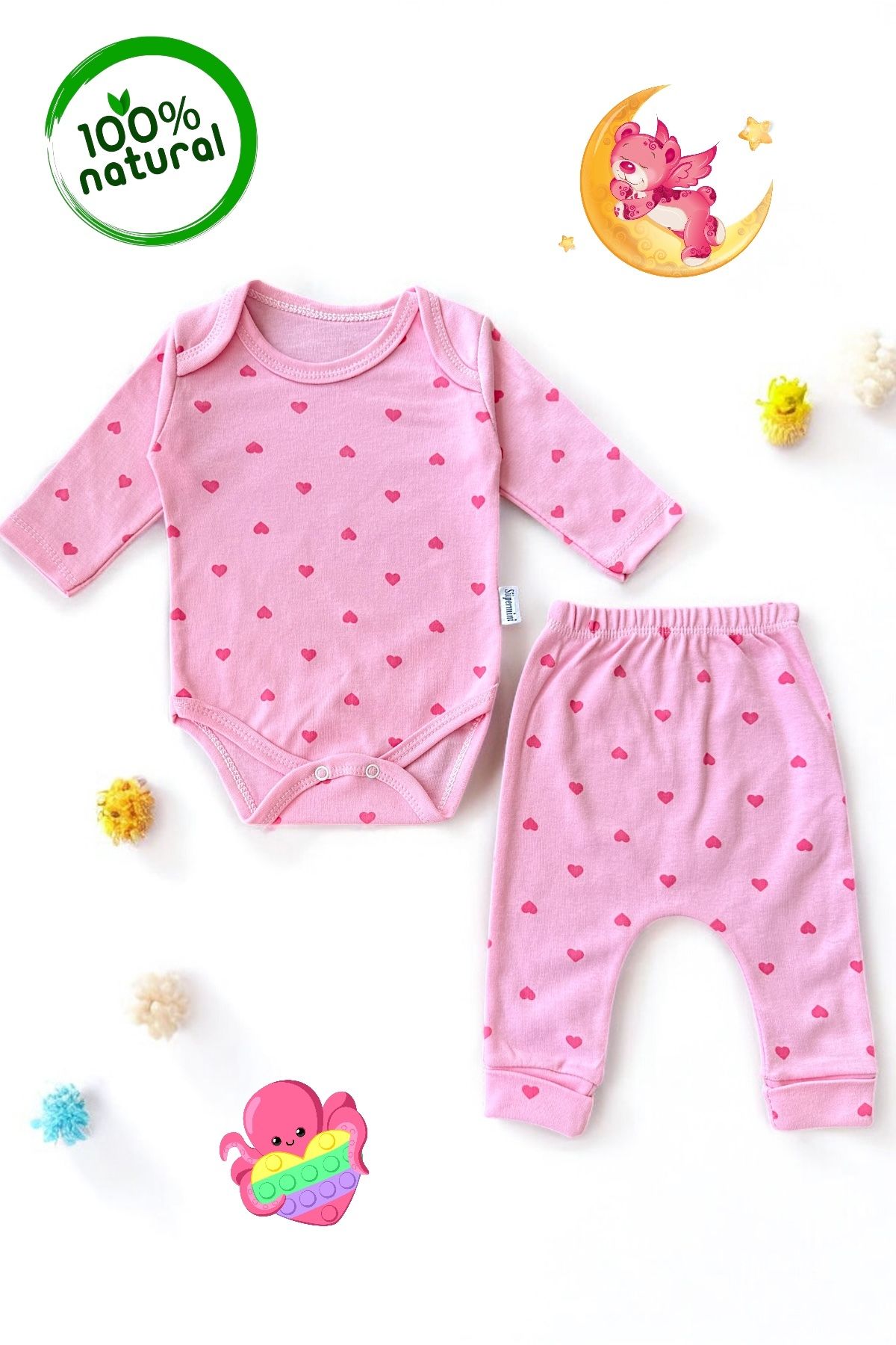 Süpermini %100 PAMUKLU KIZ BEBEK PEMBE KALPLİ 2'Lİ BODY - ZIBIN BEBE TAKIM