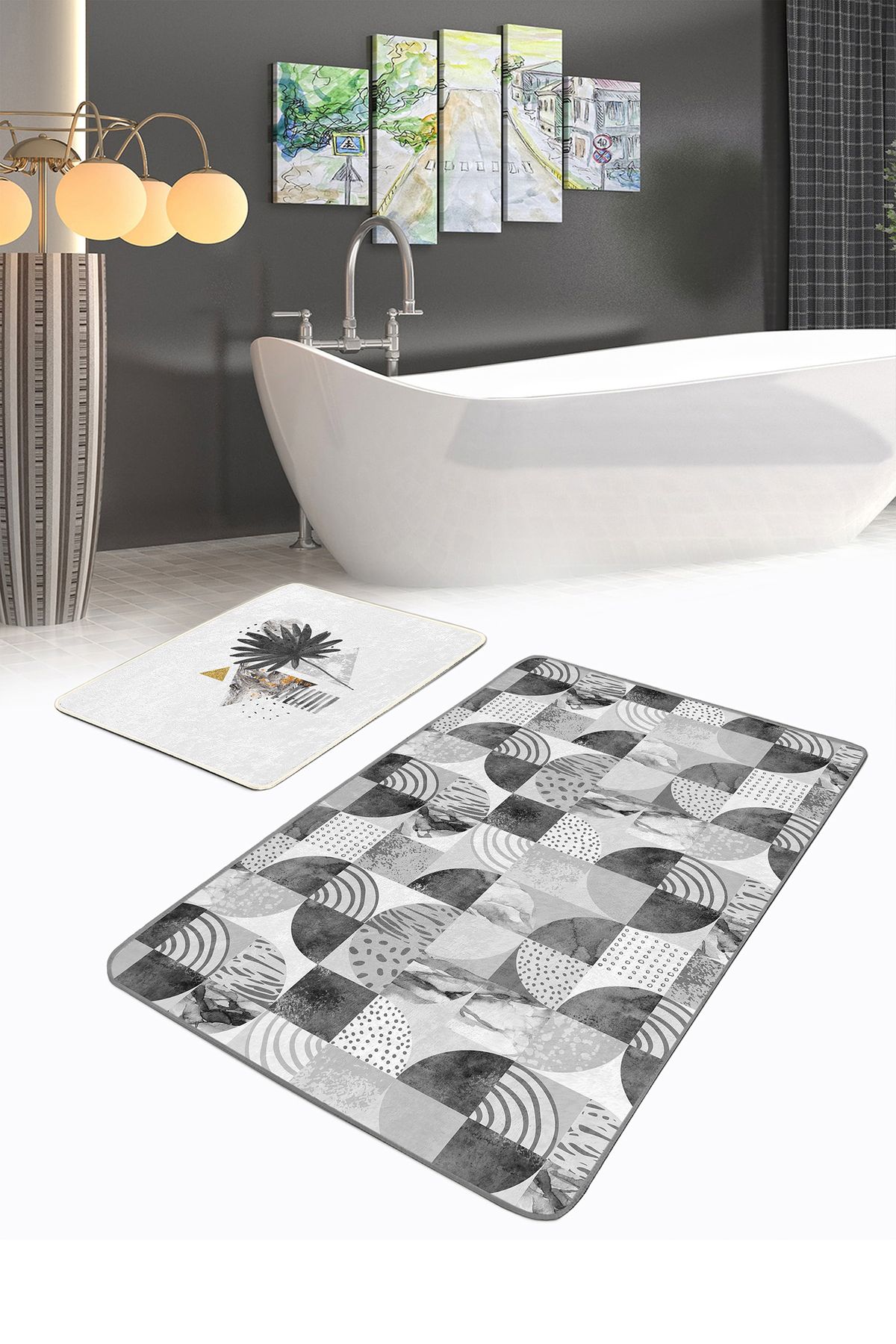 Realhomes Gri Mermer Motifli Özel Tasarım 2'li Banyo Paspas Seti & Klozet Paspas Seti