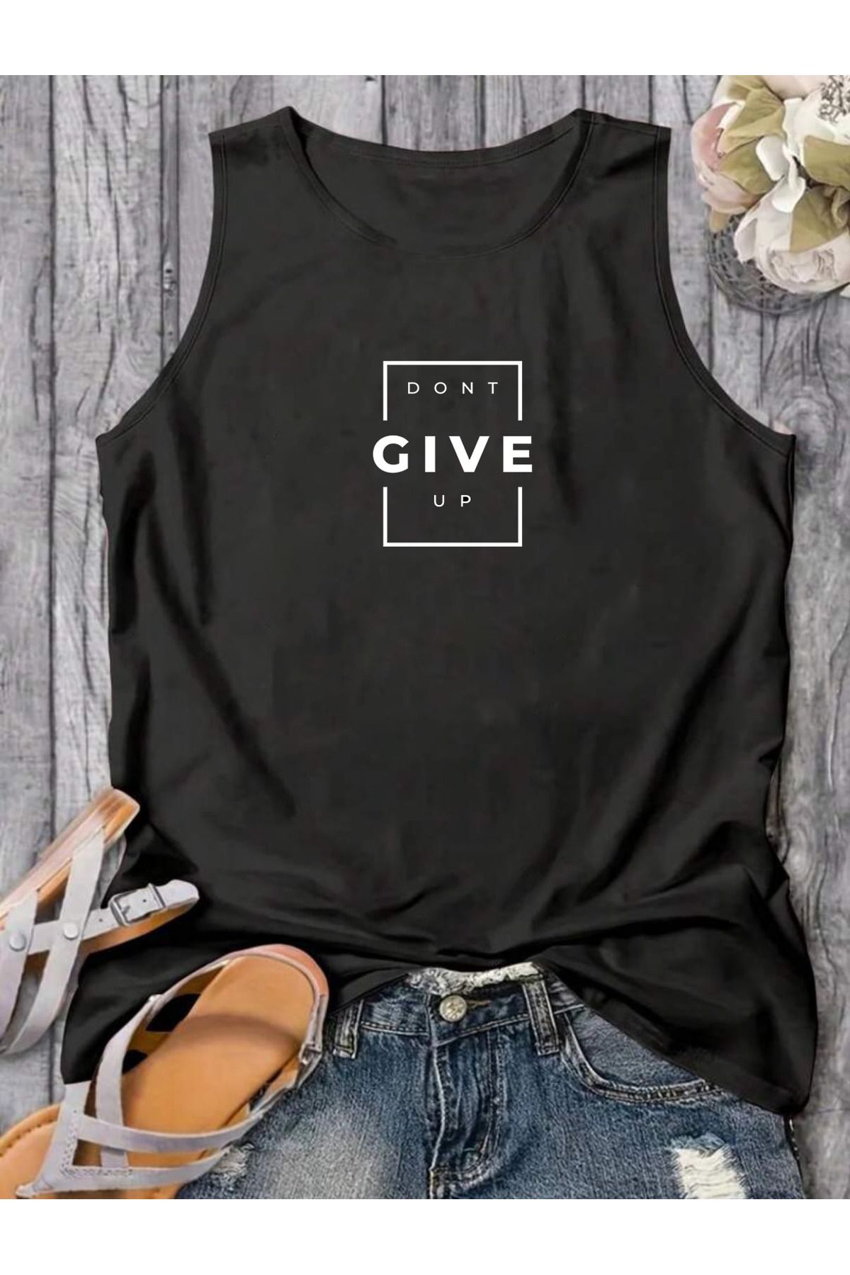 FAVORİST DONT GIVE UP Kadın Pamuklu Kolsuz Yazlık T-shirt