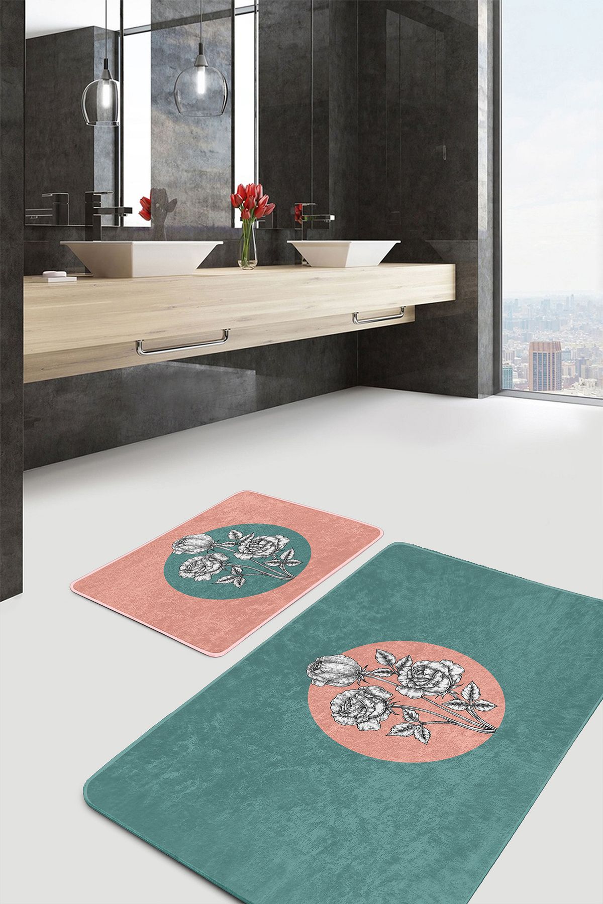Realhomes Renkli Zemin Çiçek Motifli 2'li Banyo Paspas Takımı & Mutfak Paspas Seti