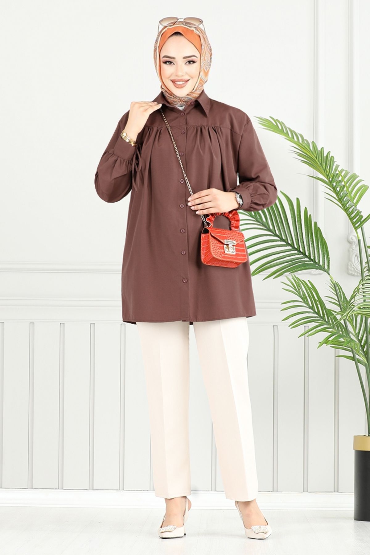 ModaMerve Önden Düğmeli Tunik 4101PM1063-M Kahve