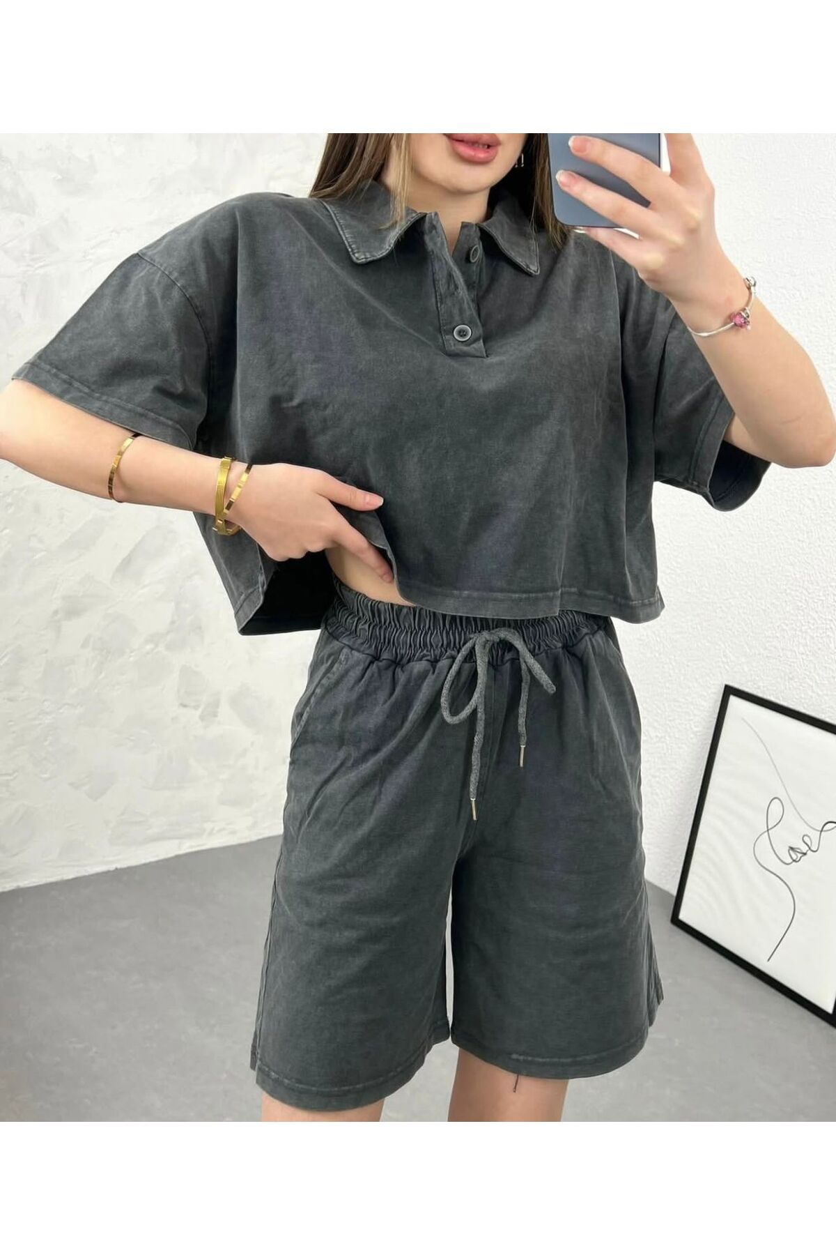 Butik YIKAMALI GRİ ALT ÜST ŞORT TAKIM