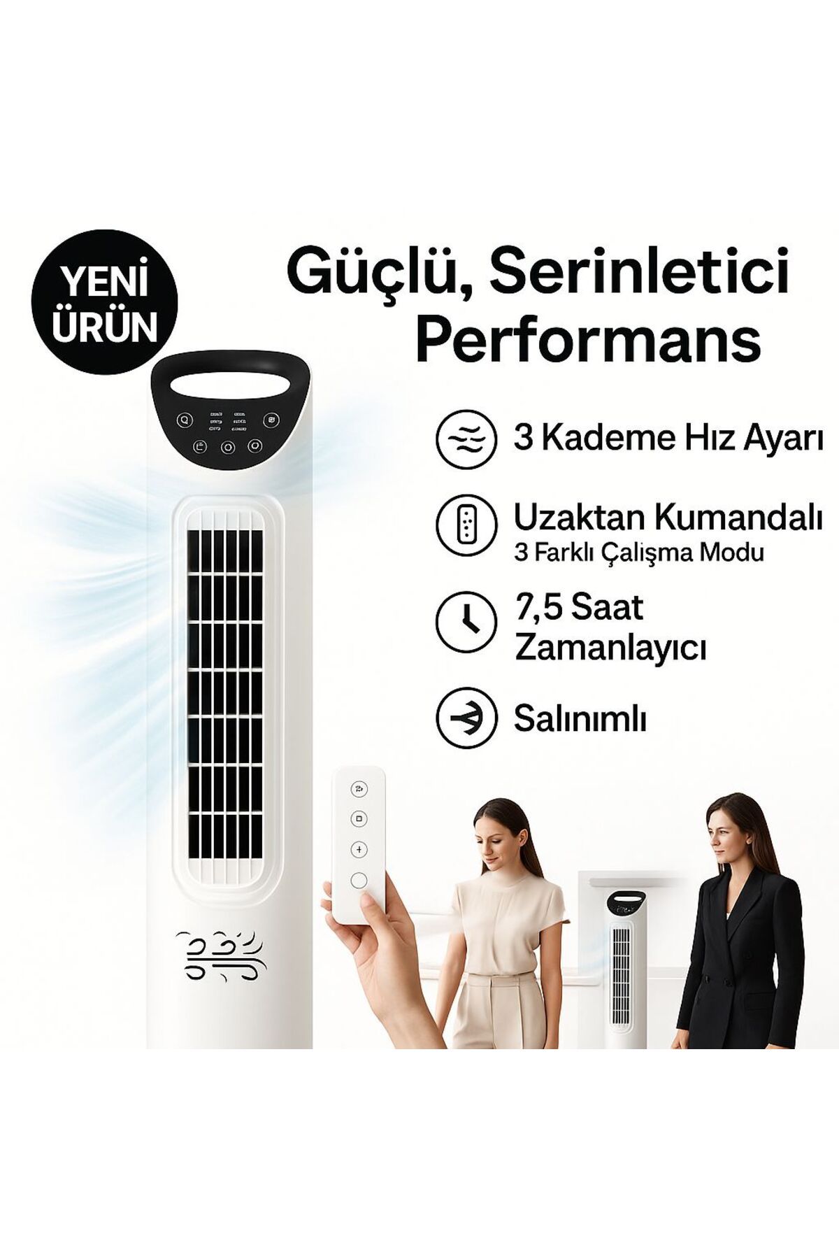 SMAYLİNG Yeni Nesil Vantilatör Serinletici | Kumandalı Kule Tipi, Uyku Modu + Salınım Özelliği