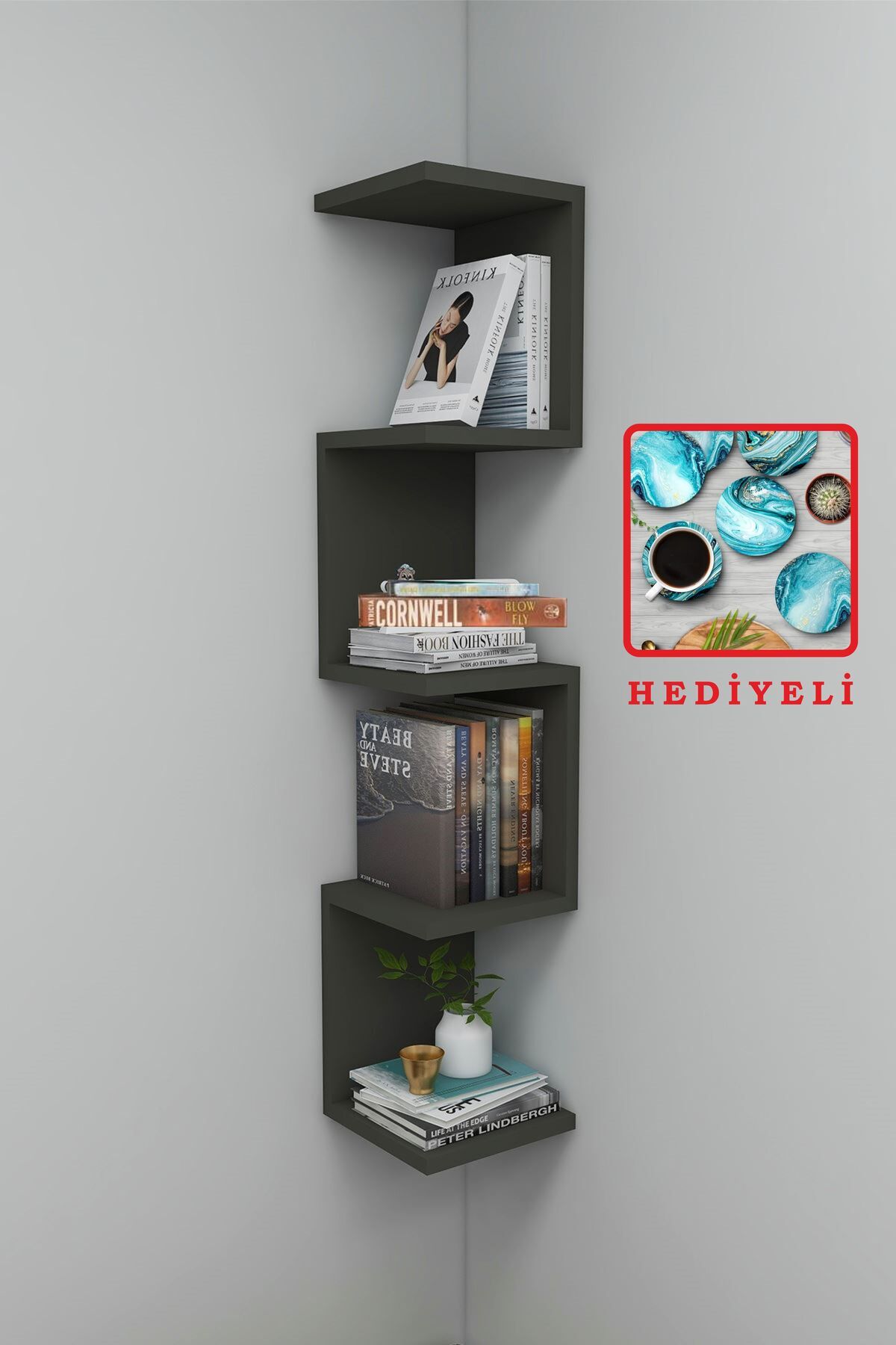 fabriflow exclusive Hediyeli Antrasi Gri Zigzag Köşe Kitaplık Açık Raf- Duvar Rafı