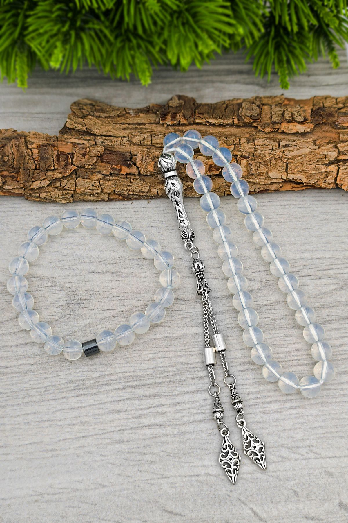 SİLVERA TELKARİ Opal Ay Taşı Bileklik ve Tesbih Erkek Doğal Taş Set 8 mm BT037