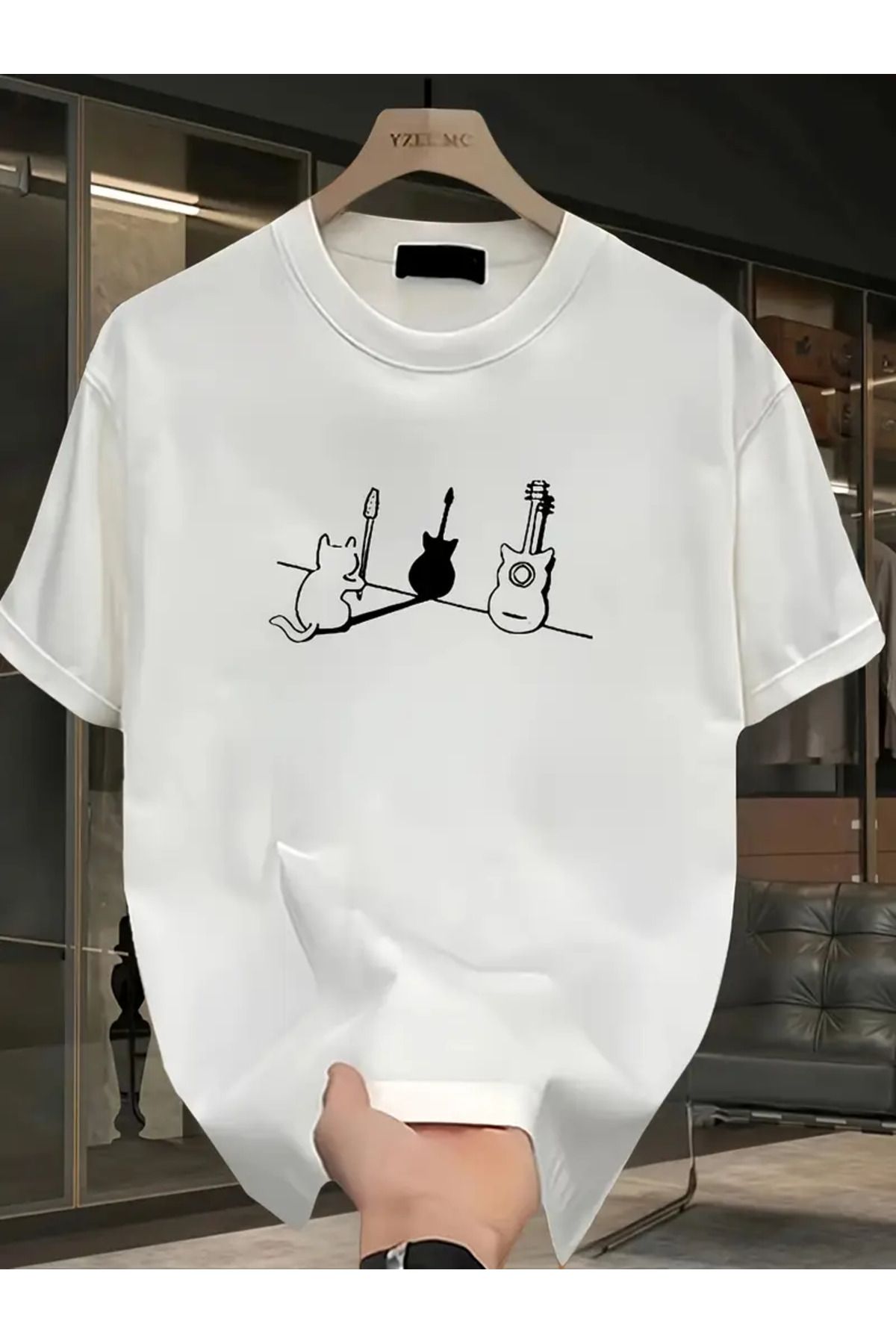 AEMİ Unisex Kedi Gitar Baskılı Oversize Bisiklet Yaka T-shirt