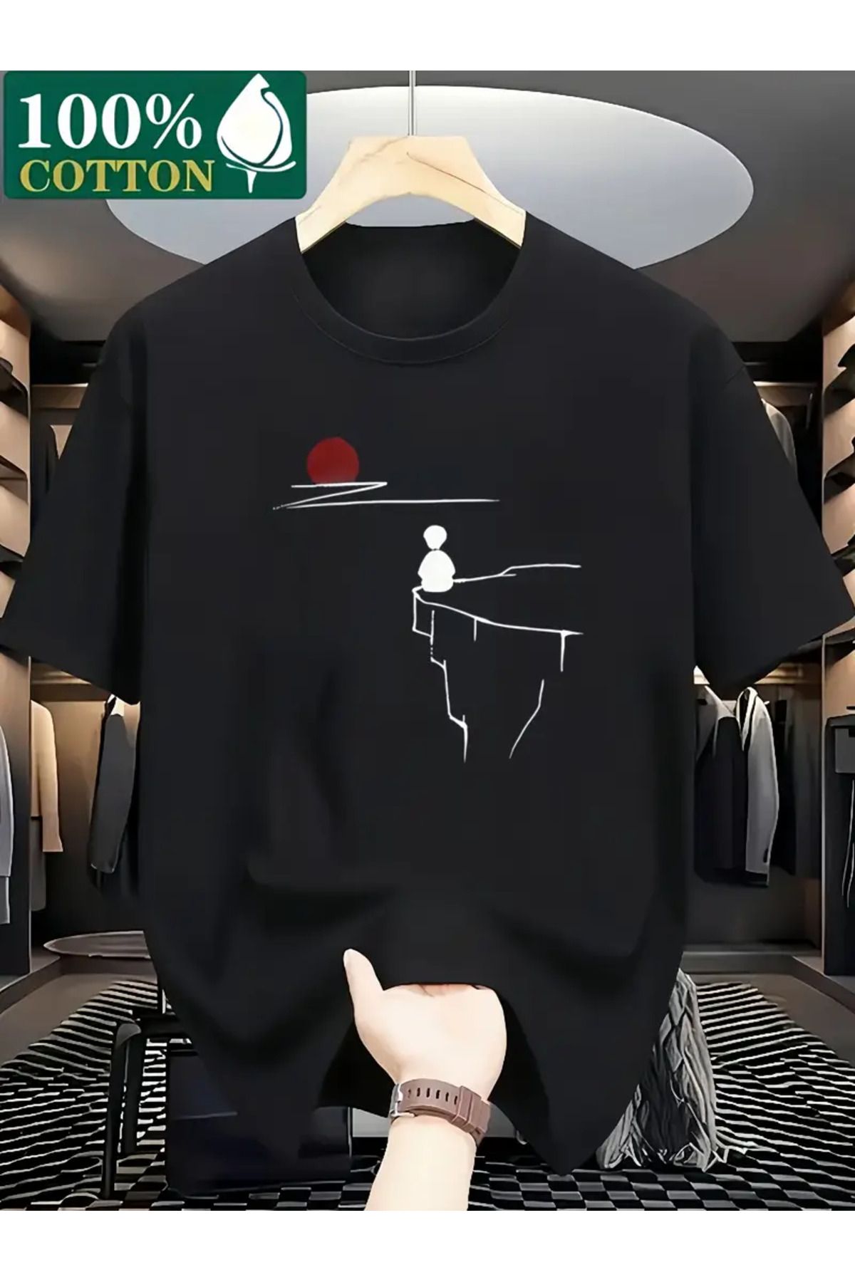 AEMİ Unisex Güneş Manzara Baskılı Oversize Bisiklet Yaka T-shirt