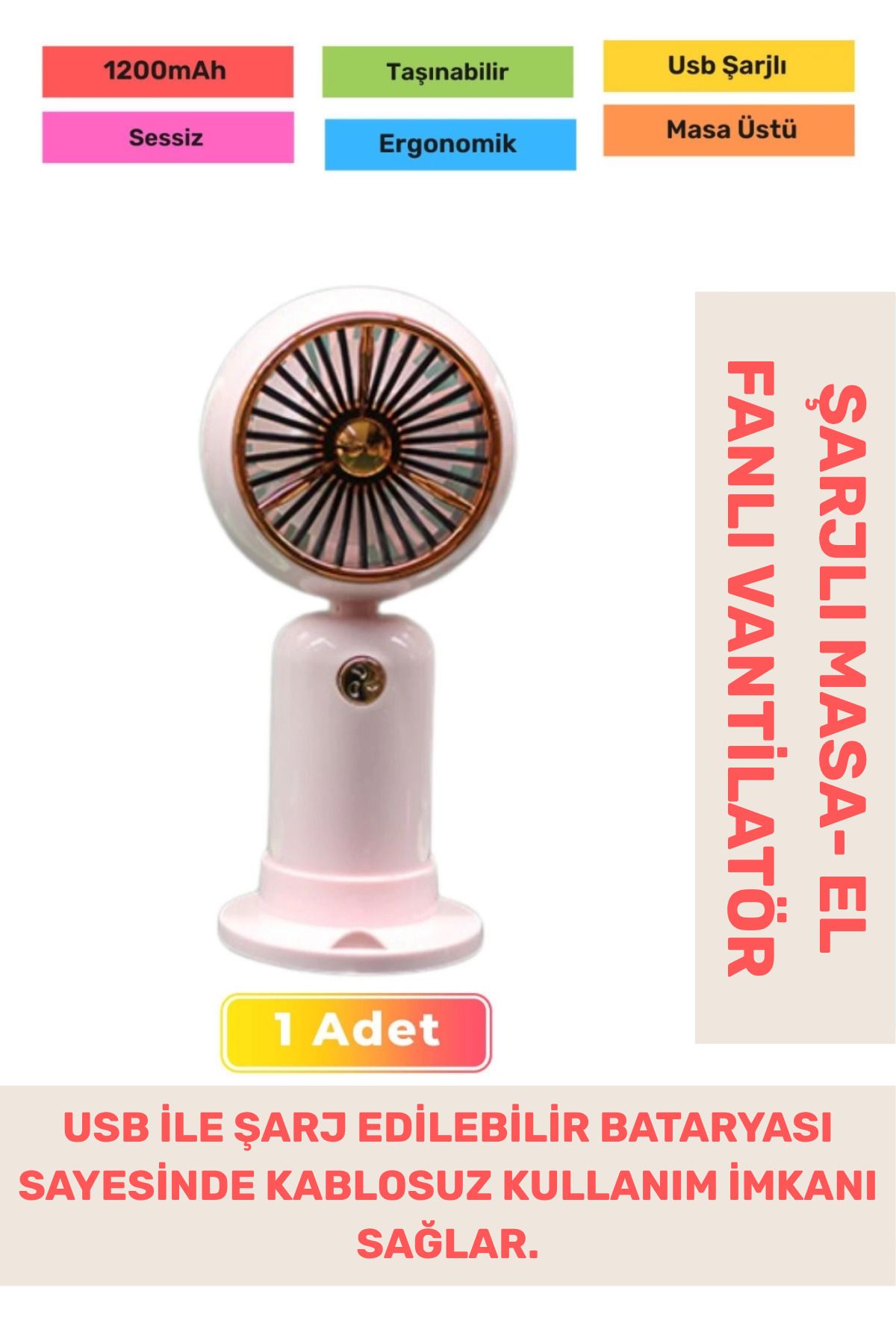PeraNova Özel Seri Sessiz 2 Kademeli Hafif Kablosuz 1200mAh Taşınabilir Usb Şarjlı Masa El Fanı Vantilatör
