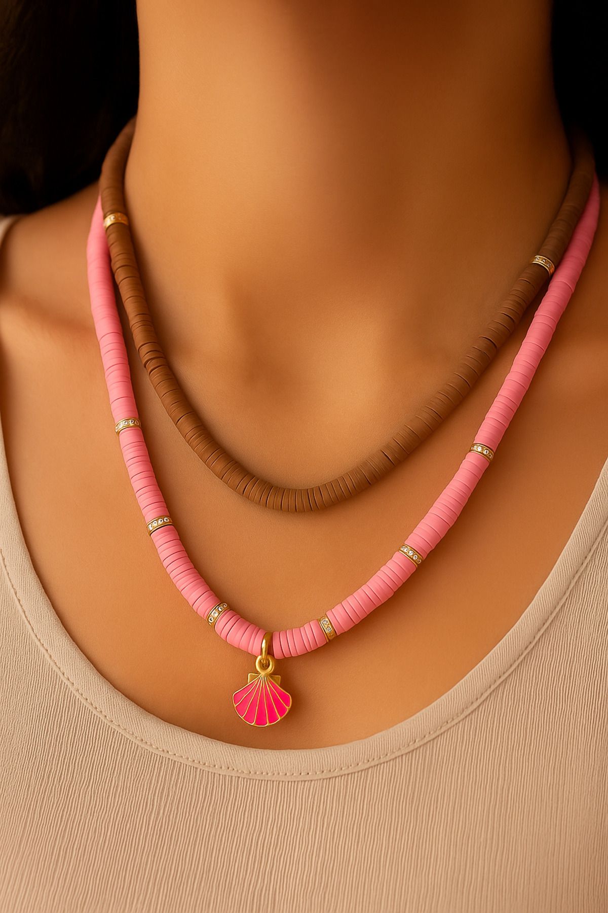 Fun Life Kahve ve Açık Pembe Fimo Boncuk Kolye Seti – Deniz Kabuğu Detaylı