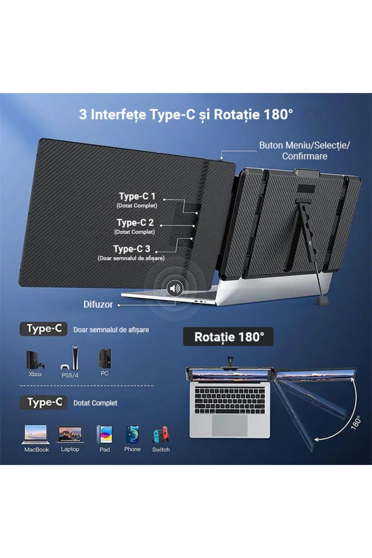 Influential Tech-14" Portable Full HD LED Monitor, USB-C & HDMI, 180° Rotation, Compatible with iOS/Android/PC 4