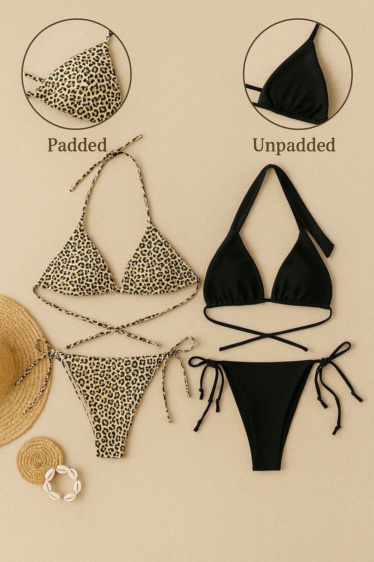 Stail Moda Kadın Siyah Leopar 2li Yandan ve Boyundan Bağlamalı Tangalı Üçgen Bikini Mayo Gecelik Deniz Takımı