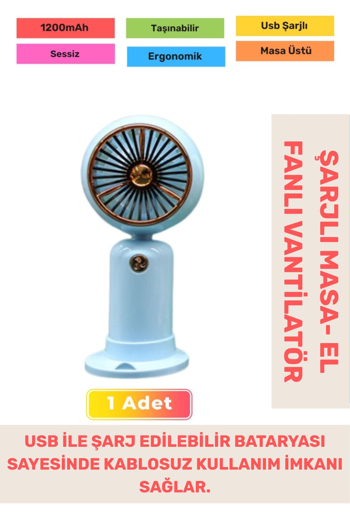 PeraNova Özel Seri Sessiz 2 Kademeli Hafif Kablosuz 1200mAh Taşınabilir Usb Şarjlı Masa El Fanı Vantilatör
