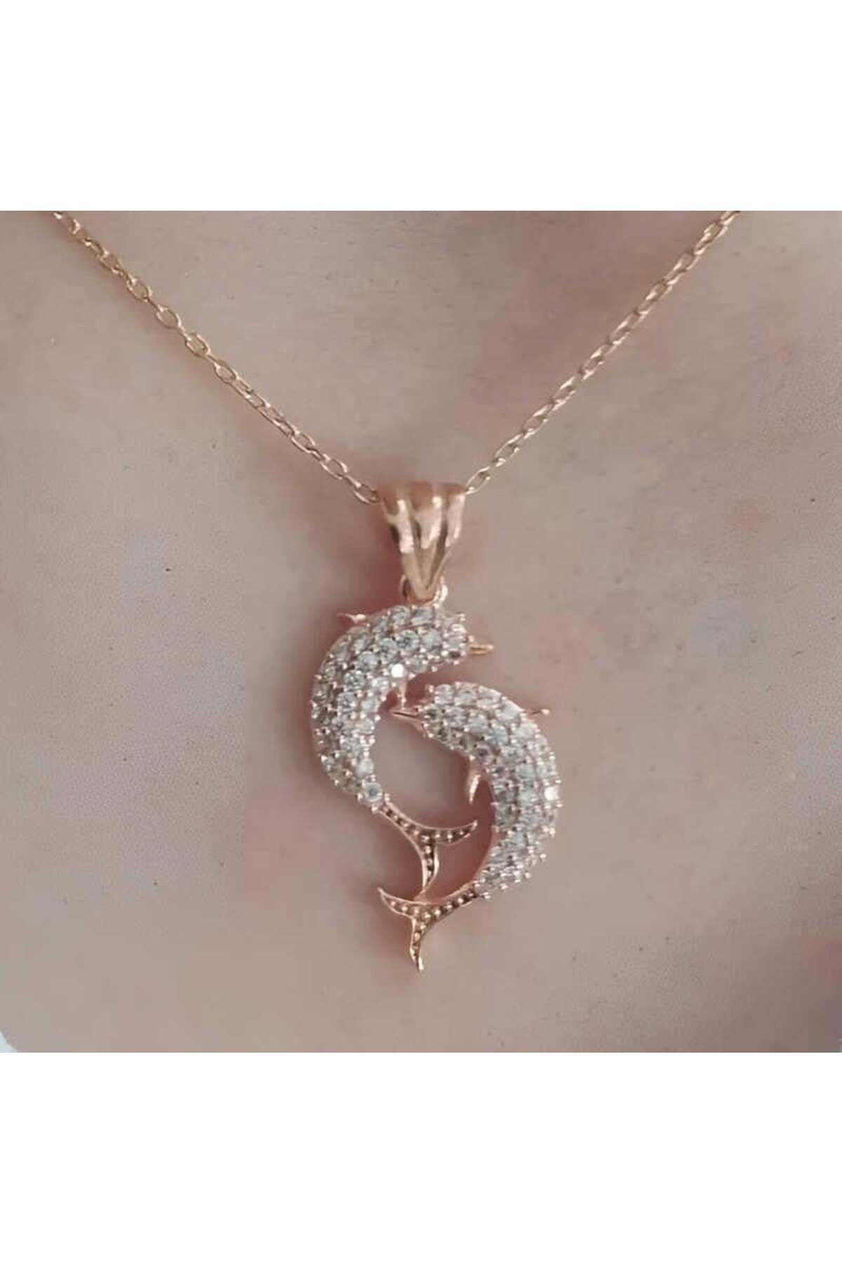 alsepeteavm Gümüş Rose Çift Yunus Balığı Kadın Kolye