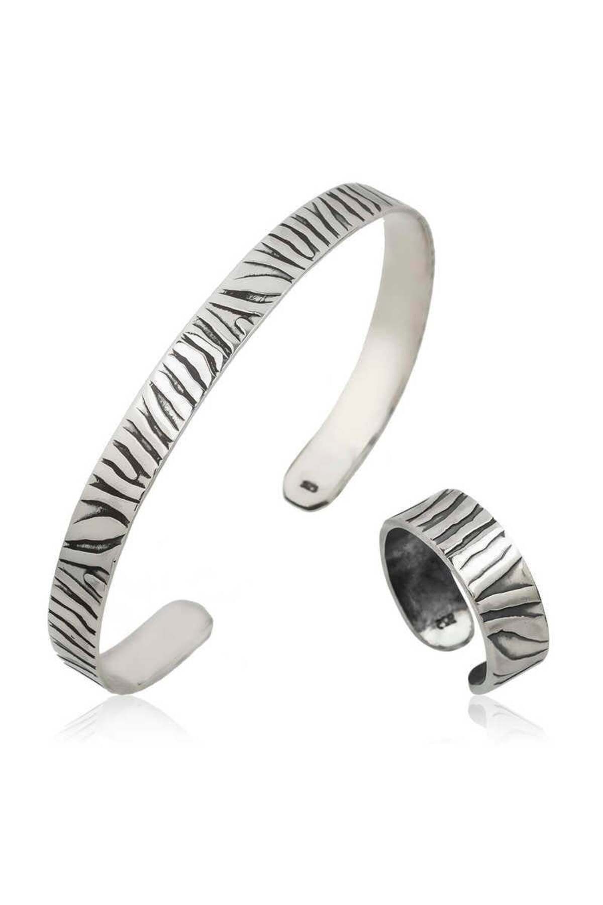 supertrend Süpertrend Gümüş Zebra Desenli Bileklik Ve Yüzük Set