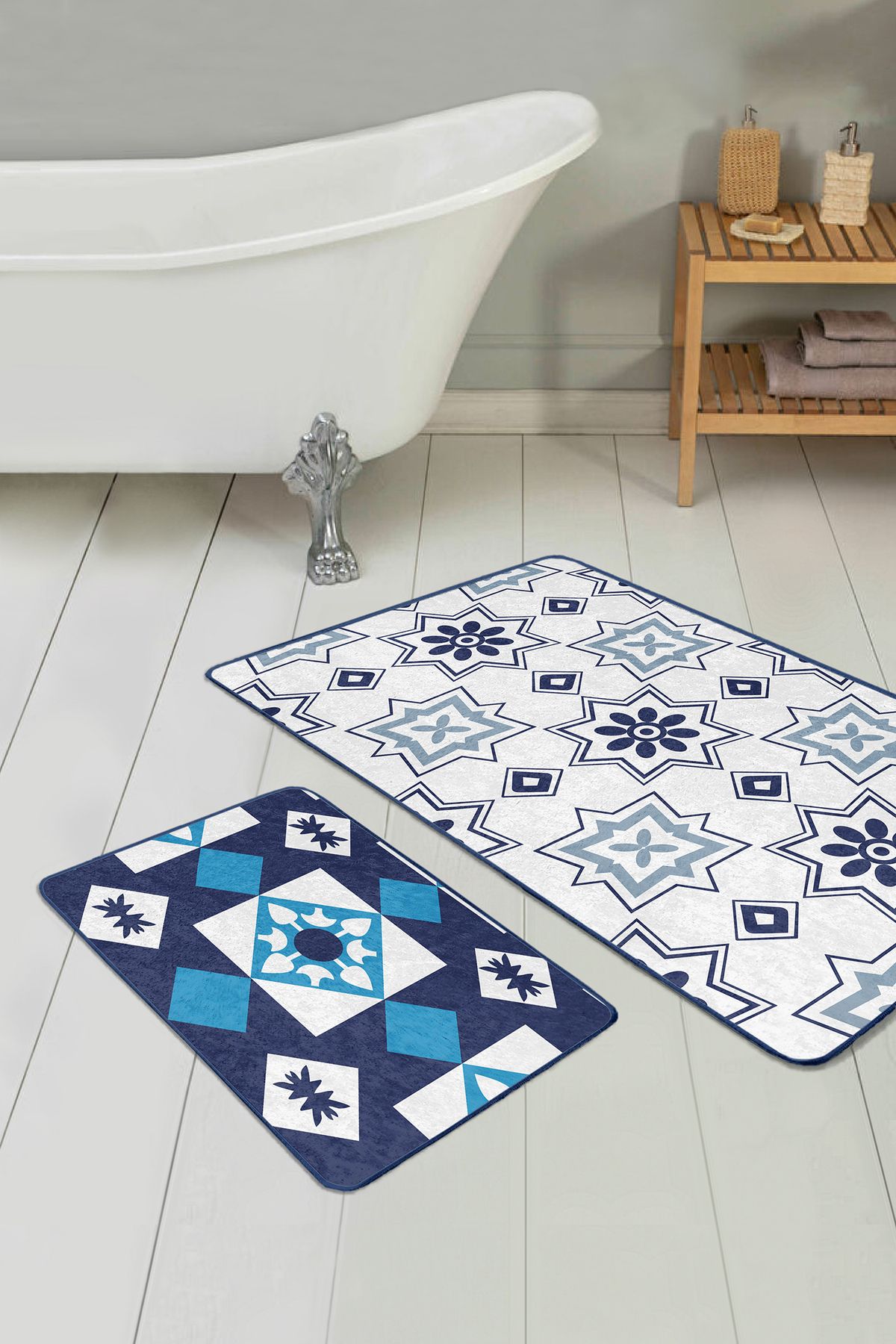 Realhomes Geometrik Çizimli Lacivert Motifli 2’li Banyo Paspas Takımı & Mutfak Halı Seti