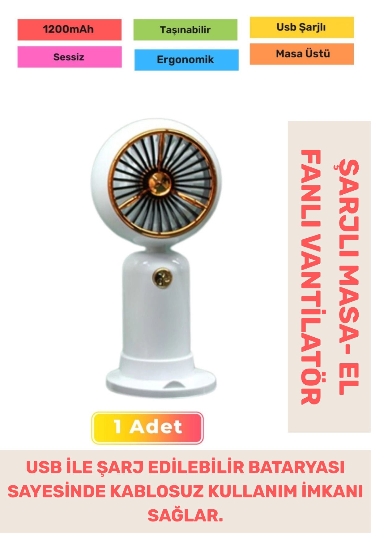 PeraNova Özel Seri Sessiz 2 Kademeli Hafif Kablosuz 1200mAh Taşınabilir Usb Şarjlı Masa El Fanı Vantilatör