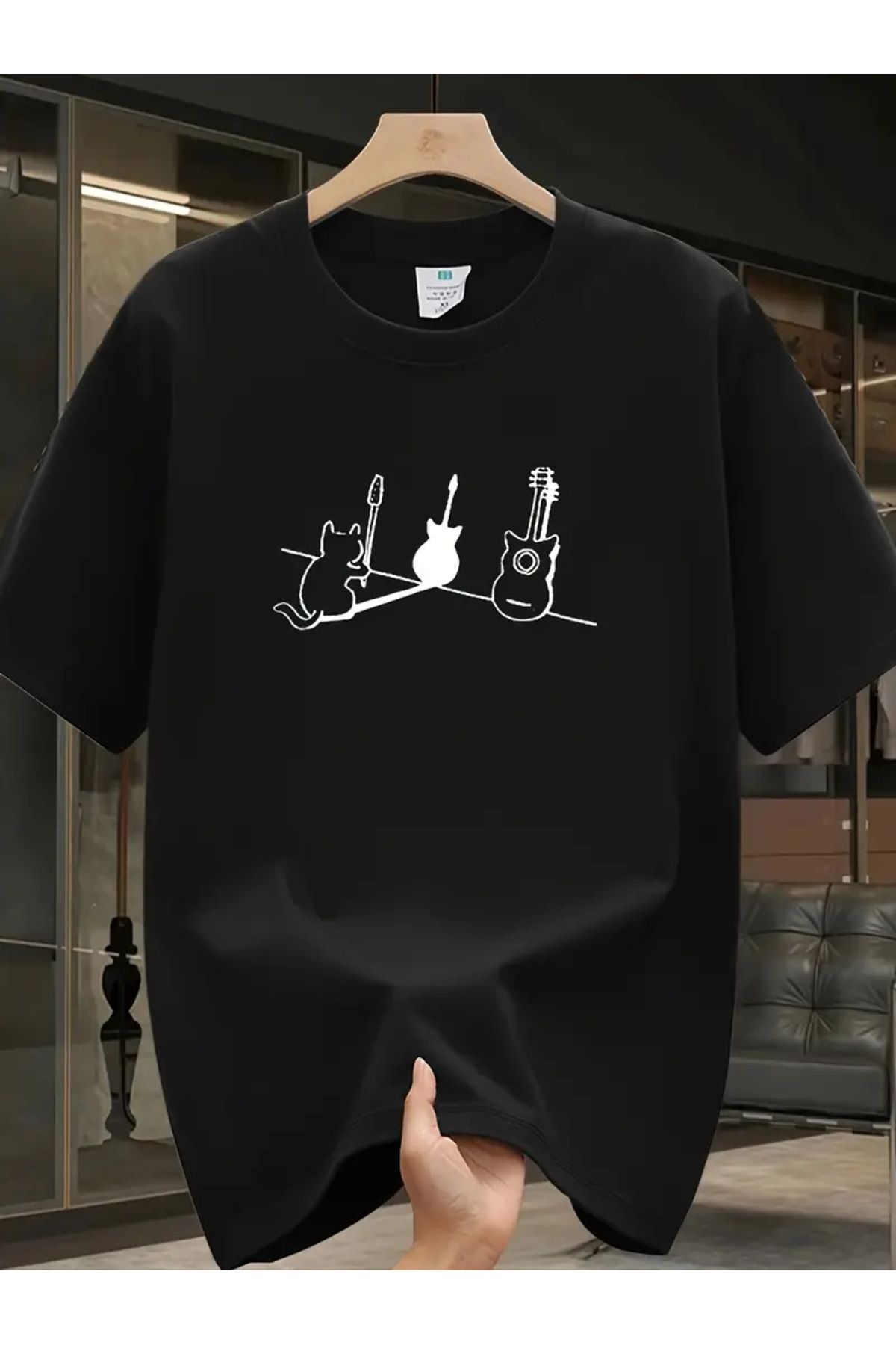 AEMİ Unisex Kedi Gitar Baskılı Oversize Bisiklet Yaka T-shirt