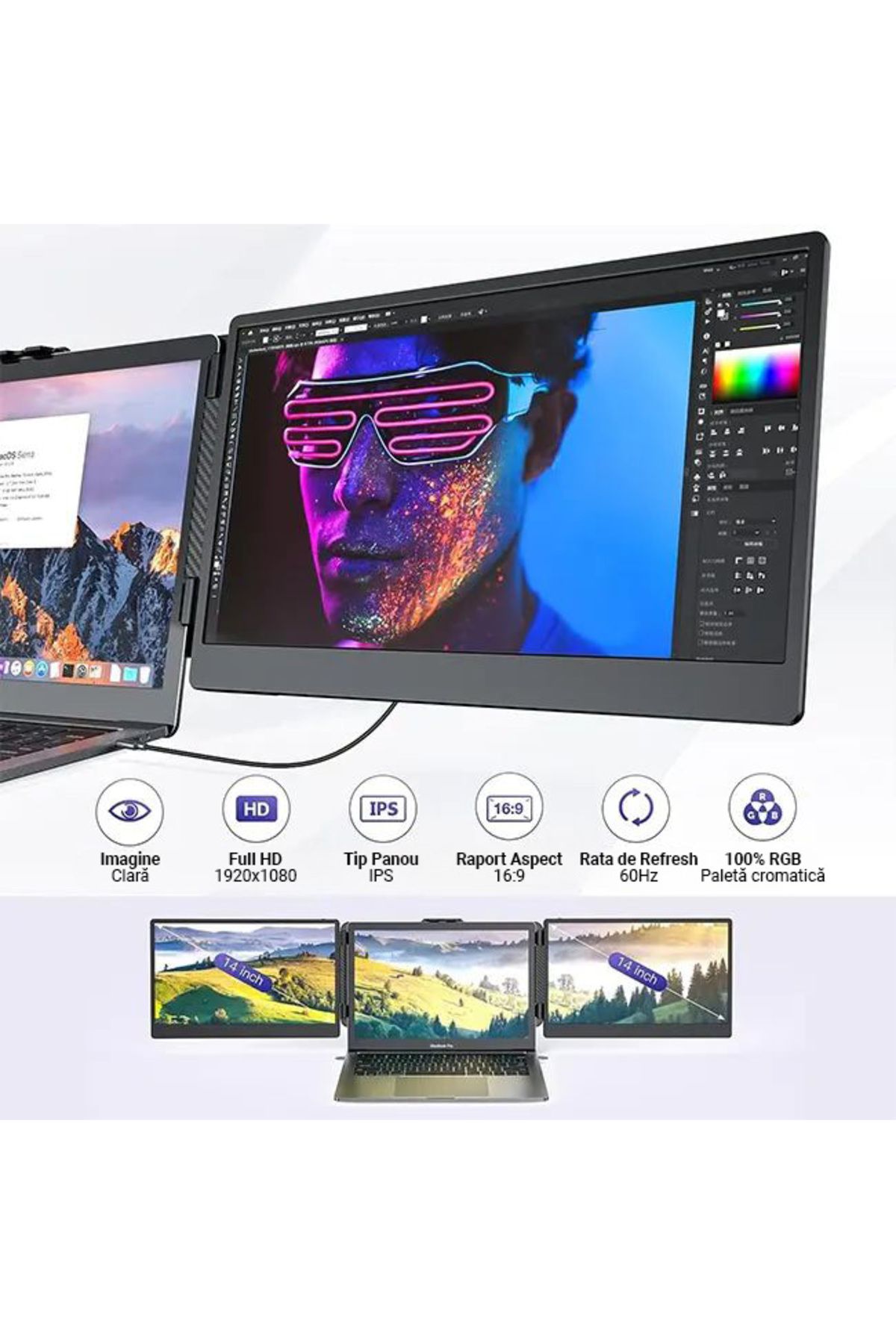 Influential Tech-14" Expandable Portable Dual Screen Monitor, FHD IPS, USB-C & HDMI, 180° Rotation, Multi-OS 5