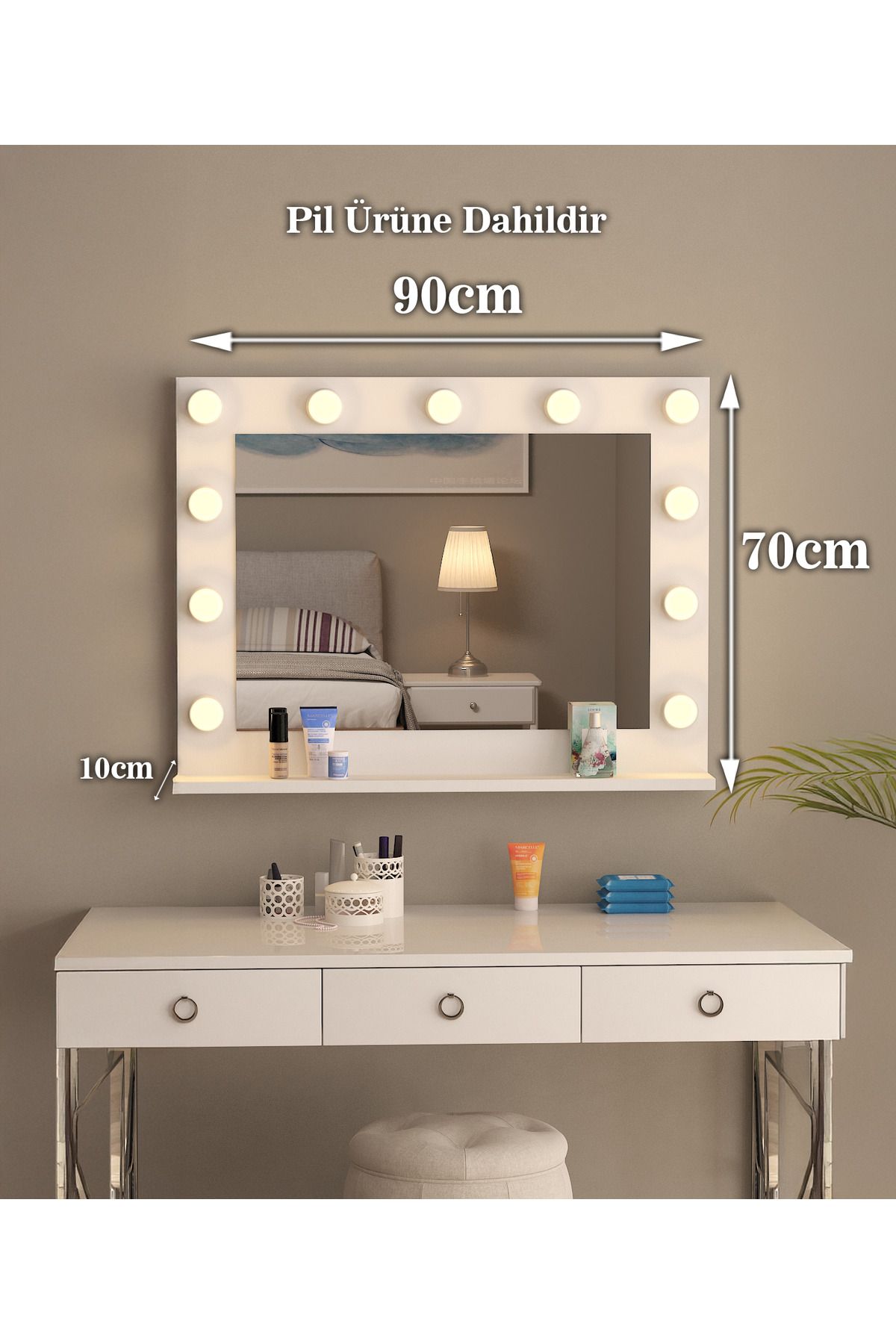 nysamo 90x70cm Beyaz Raflı Işıklı Kumandalı Makyaj Masası Etejer Banyo Aynası Dresuar Salon Aynası