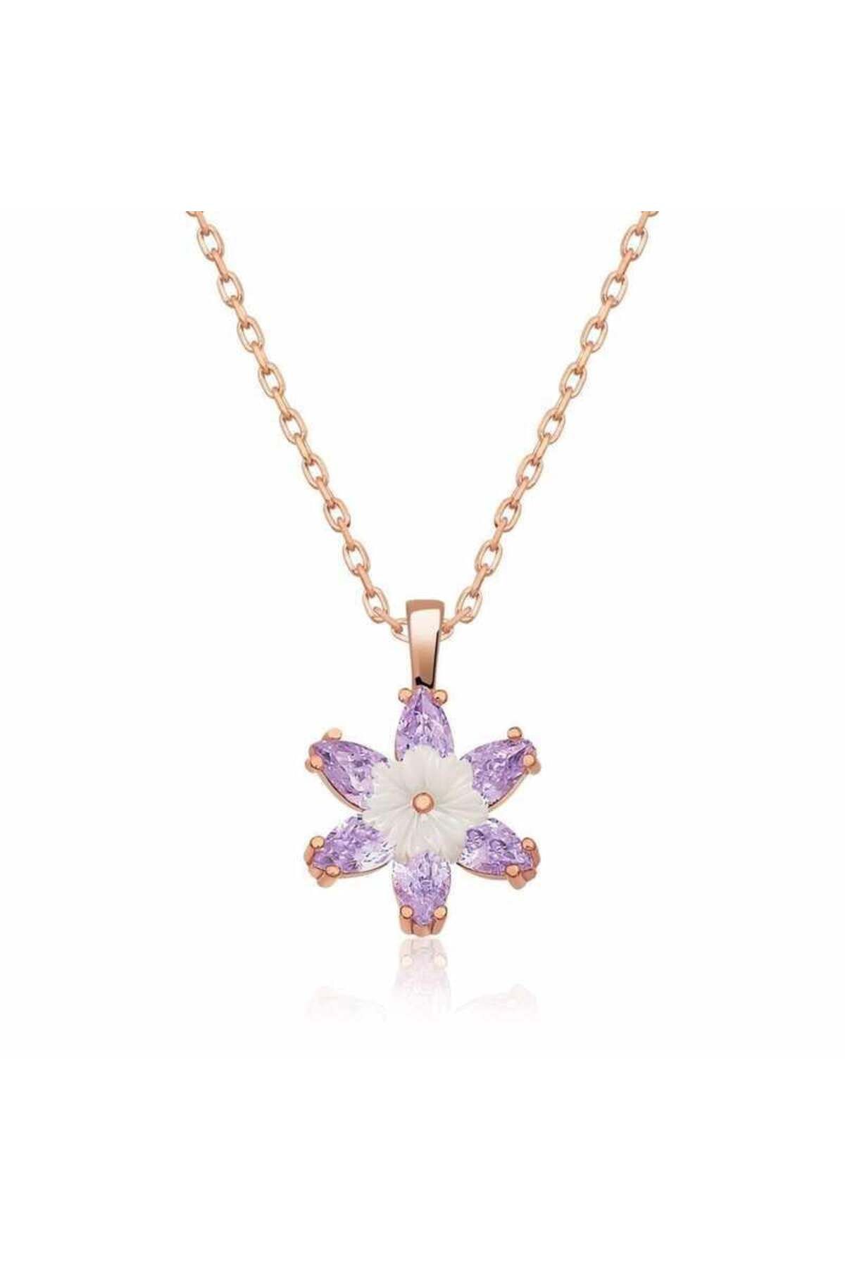 alsepeteavm Gümüş Rose Lila Lotus Çiçeği Kolye