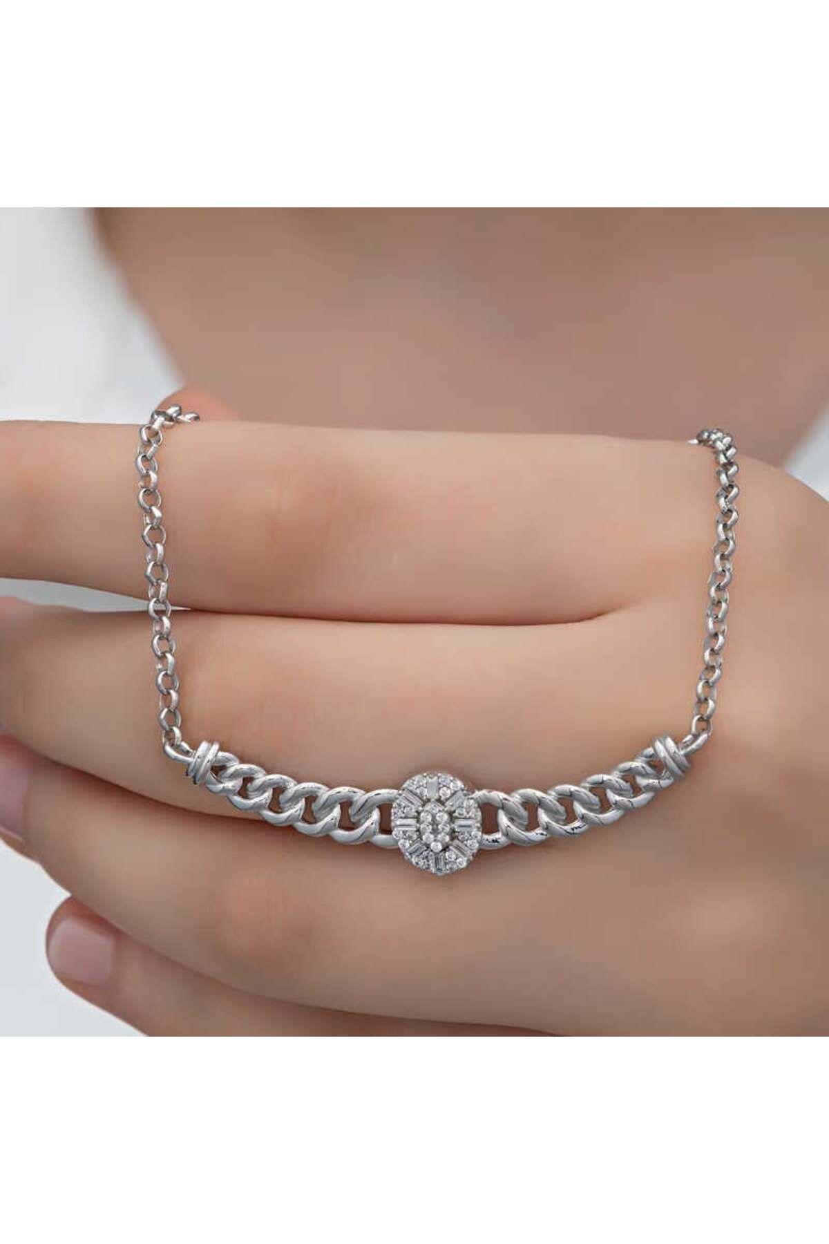 alsepeteavm Gümüş Gurmet Zincirli Oval Baget Taşlı Kadın Kolye