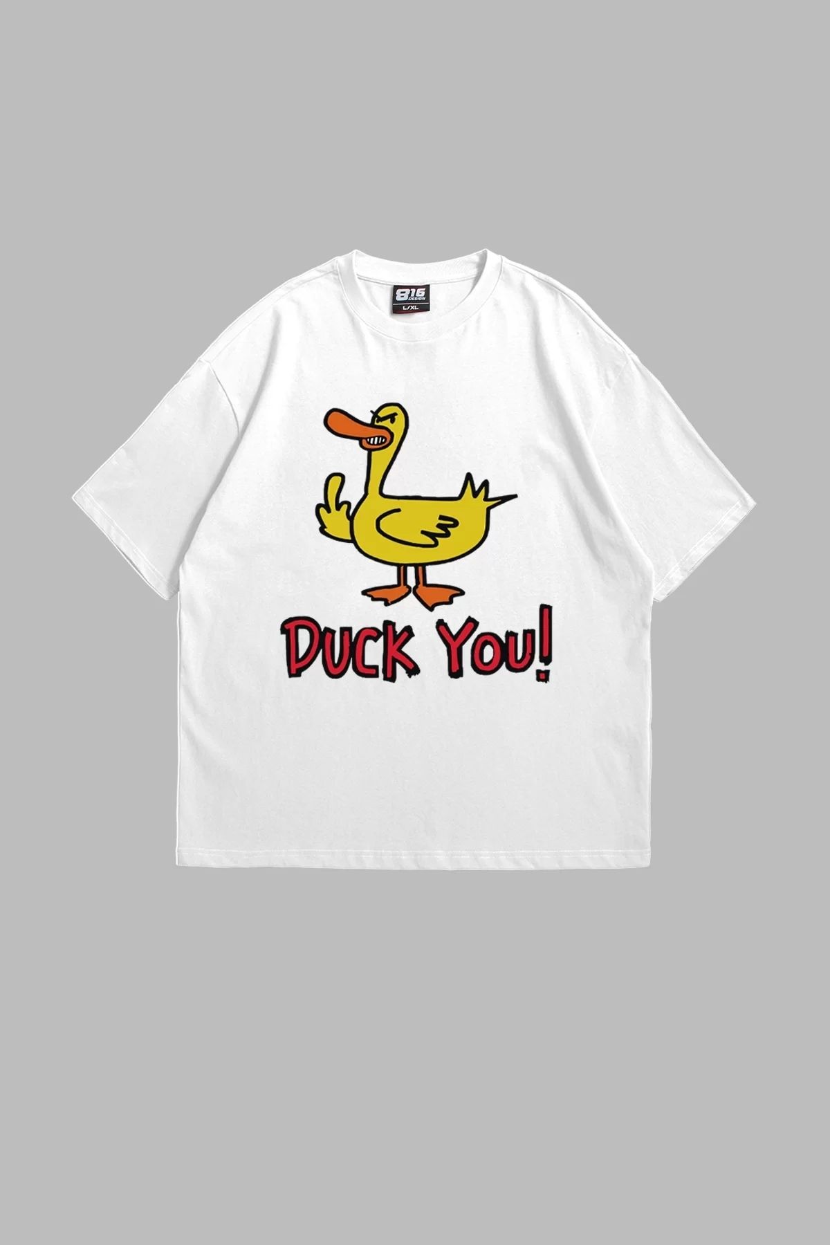 Bak Moda Duck You! Baskılı Oversize Unisex Beyaz Tshirt