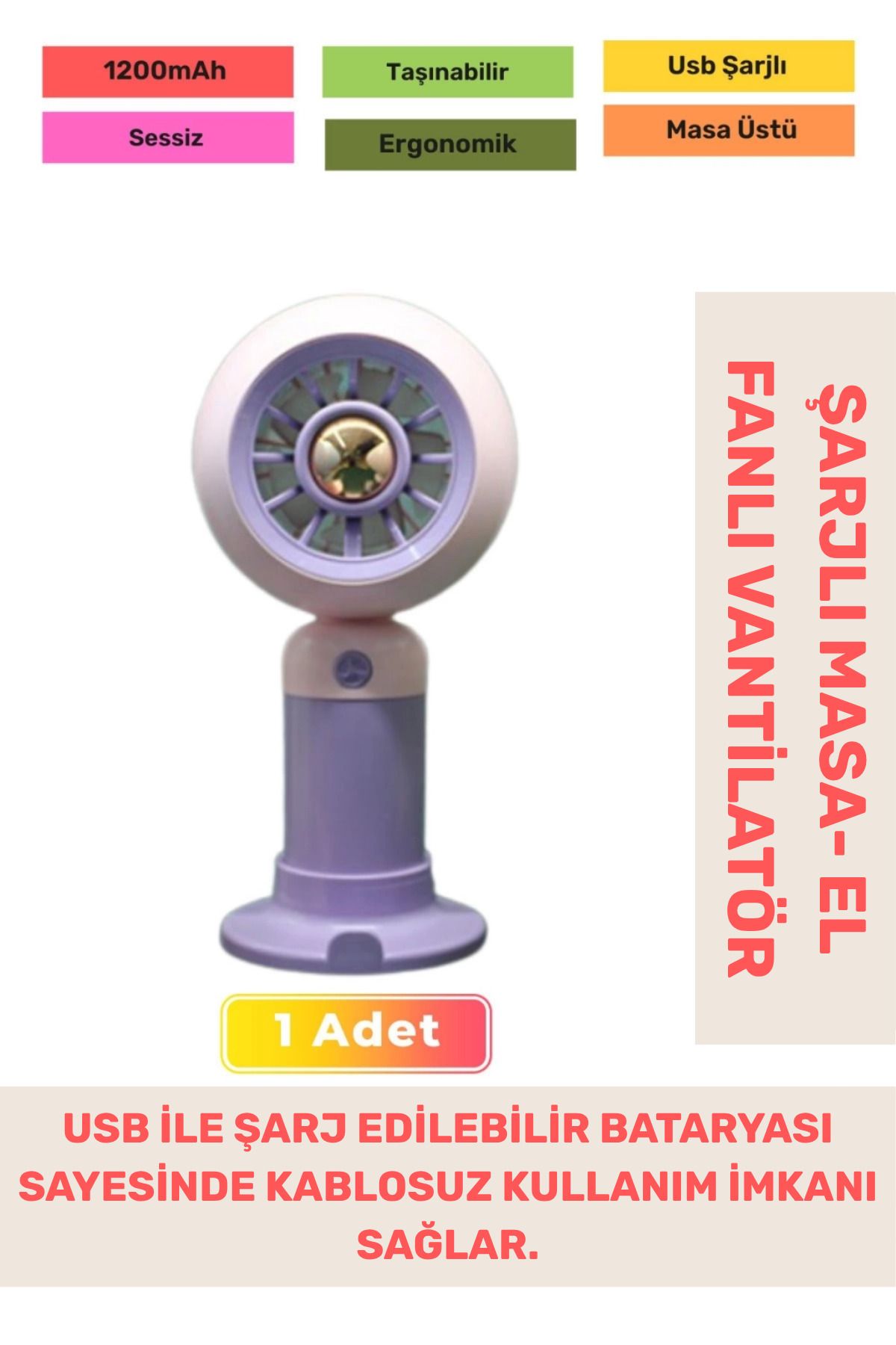 PeraNova Özel Seri Sessiz 2 Kademeli Hafif Kablosuz 1200mAh Taşınabilir Usb Şarjlı Masa El Fanı Vantilatör