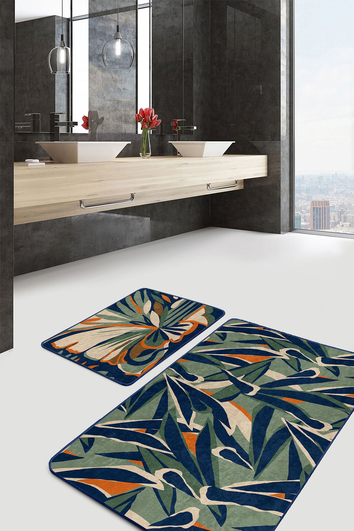 Realhomes Ebru Sanatı Yaprak Tasarımlı 2'li Mutfak Halı Seti & Banyo Paspas Takımı