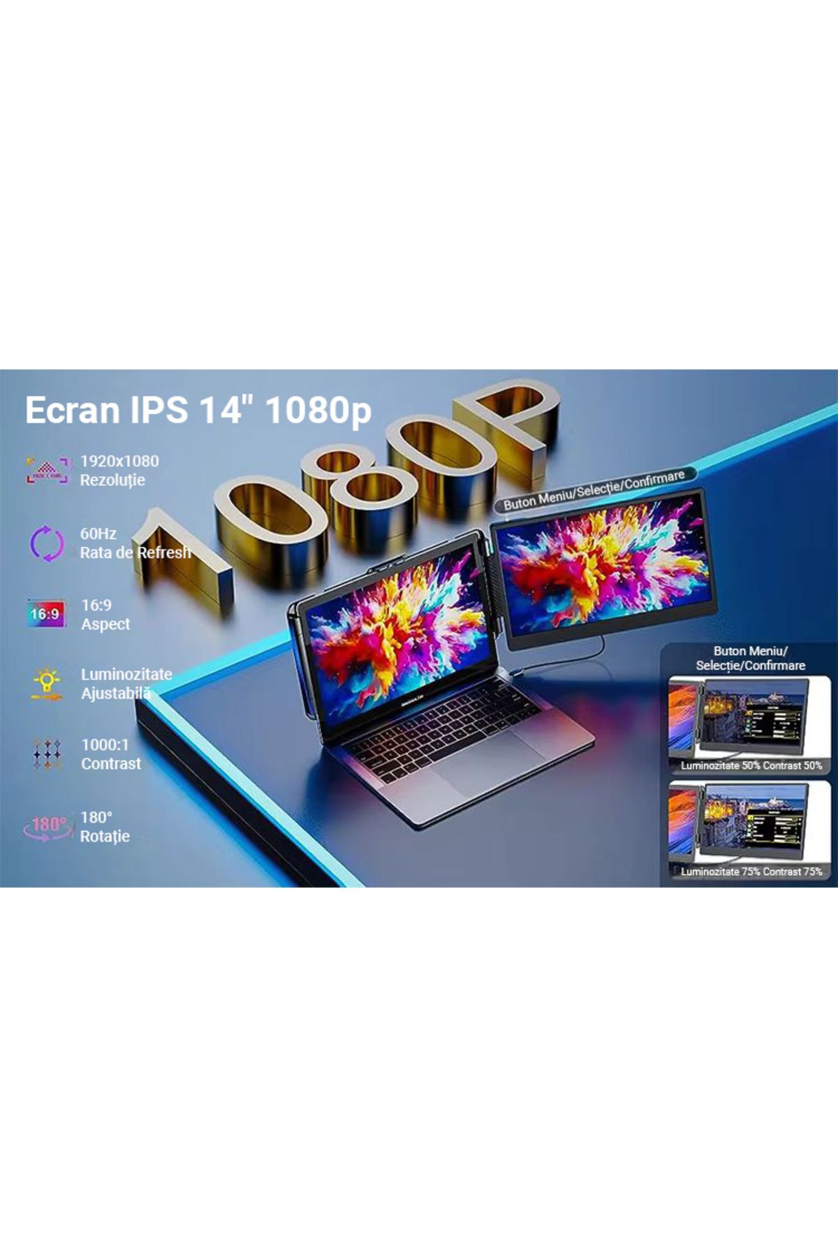 Influential Tech-14" Portable Full HD LED Monitor, USB-C & HDMI, 180° Rotation, Compatible with iOS/Android/PC 8
