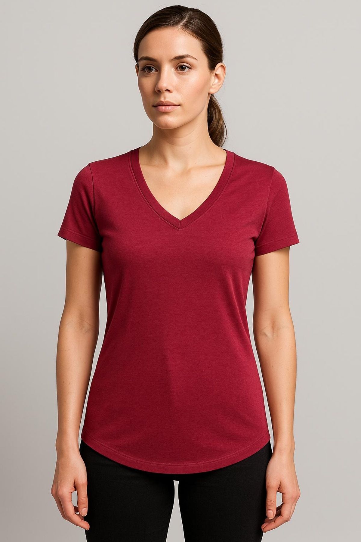 vikitekno V Yaka Dar/slim fit eteği oval Kadın Tişört