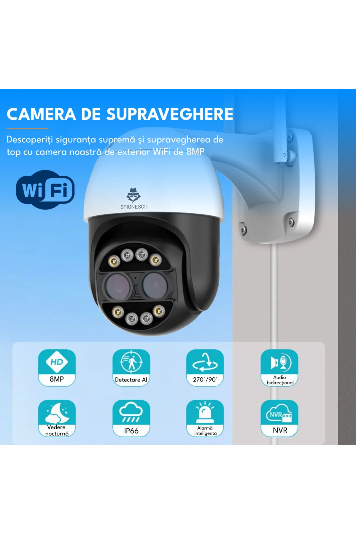 Spionescu-Cameră de supraveghere, WiFi, 8MP, 4K, zoom digital 8x, detectare umană prin inteligență artificială, vedere nocturnă 7