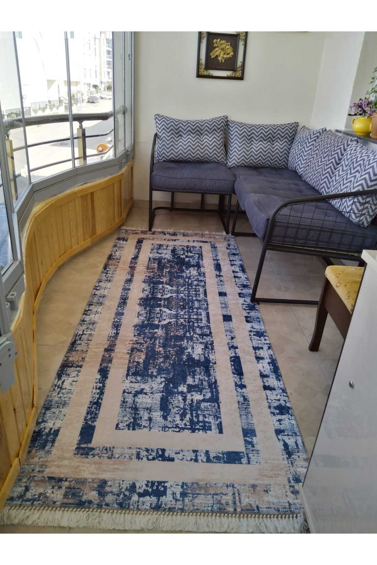 VOPTEKS Mavi Halı Balkon Halısı Makinede Yıkanabilir Kaymaz Taban Balkon Halısı