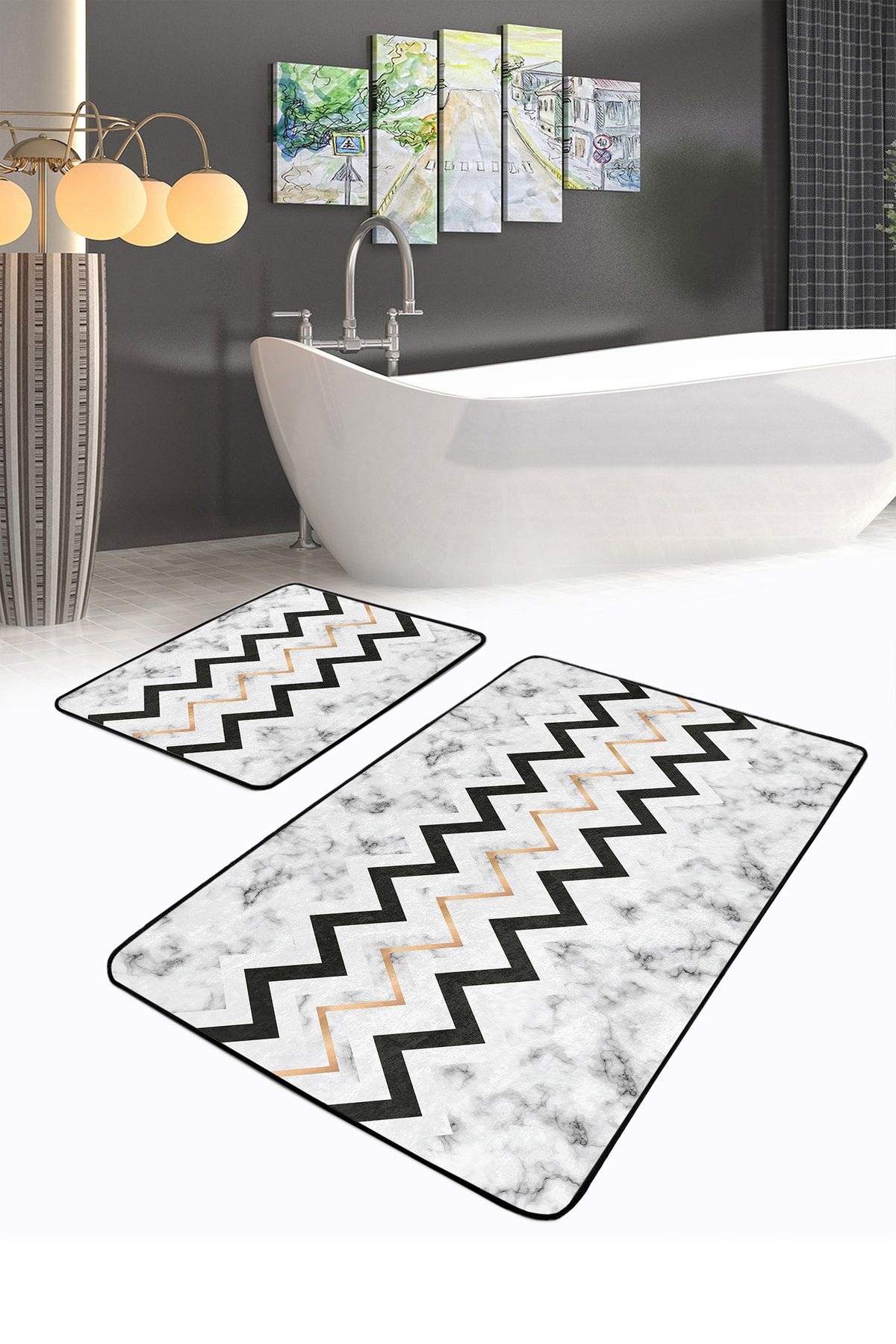Realhomes Mermer Zemin Zigzag Motifli 2’li Banyo Paspas Takımı & Mutfak Paspas Seti