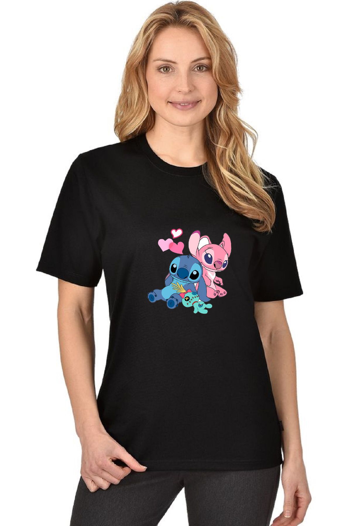 makiteks Baskılı Lilo Stitch Kadın Unisex Bisiklet Yaka Baskılı T-shirt Beyaz Siyah Gri tshirt tişört