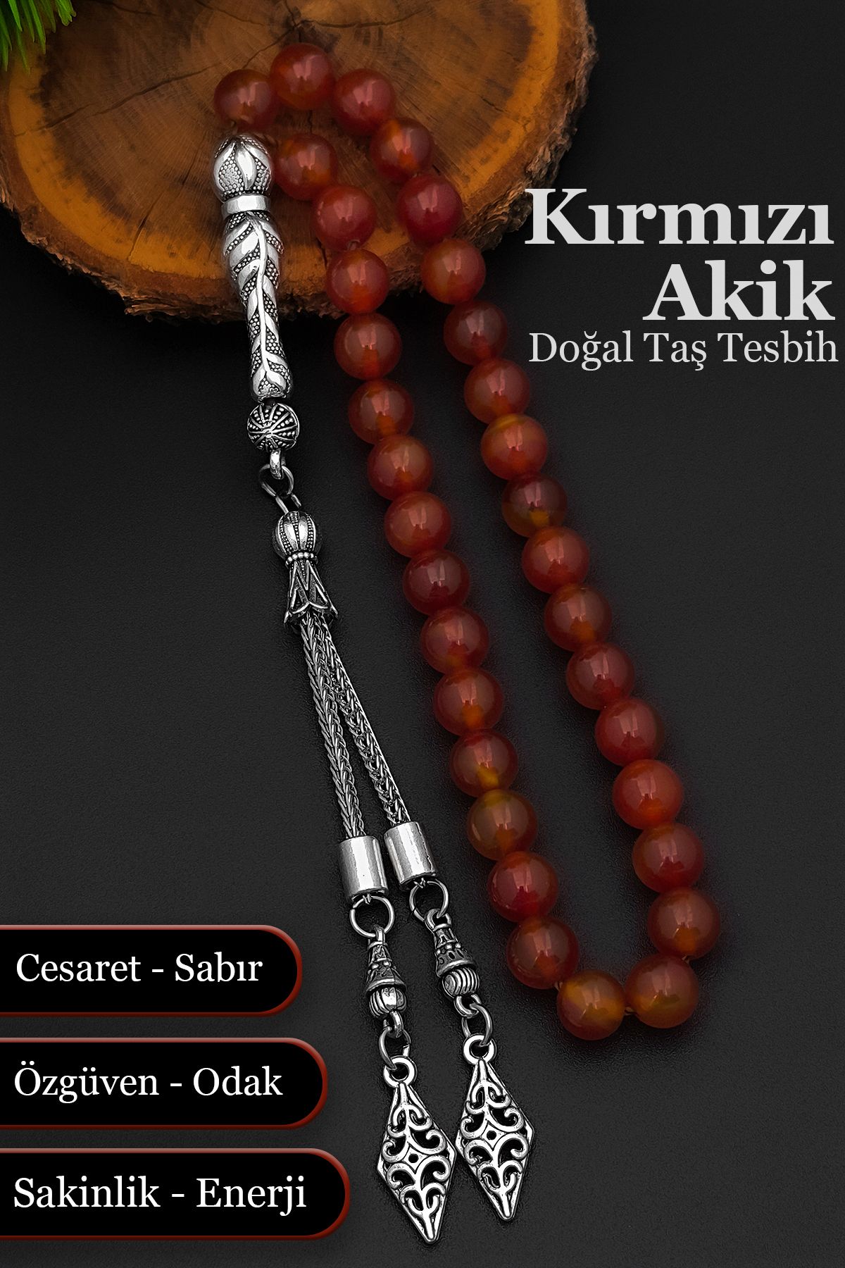 SİLVERA TELKARİ Akik Tesbih Doğal Taş Erkek Akik Tesbih 8 mm BT026