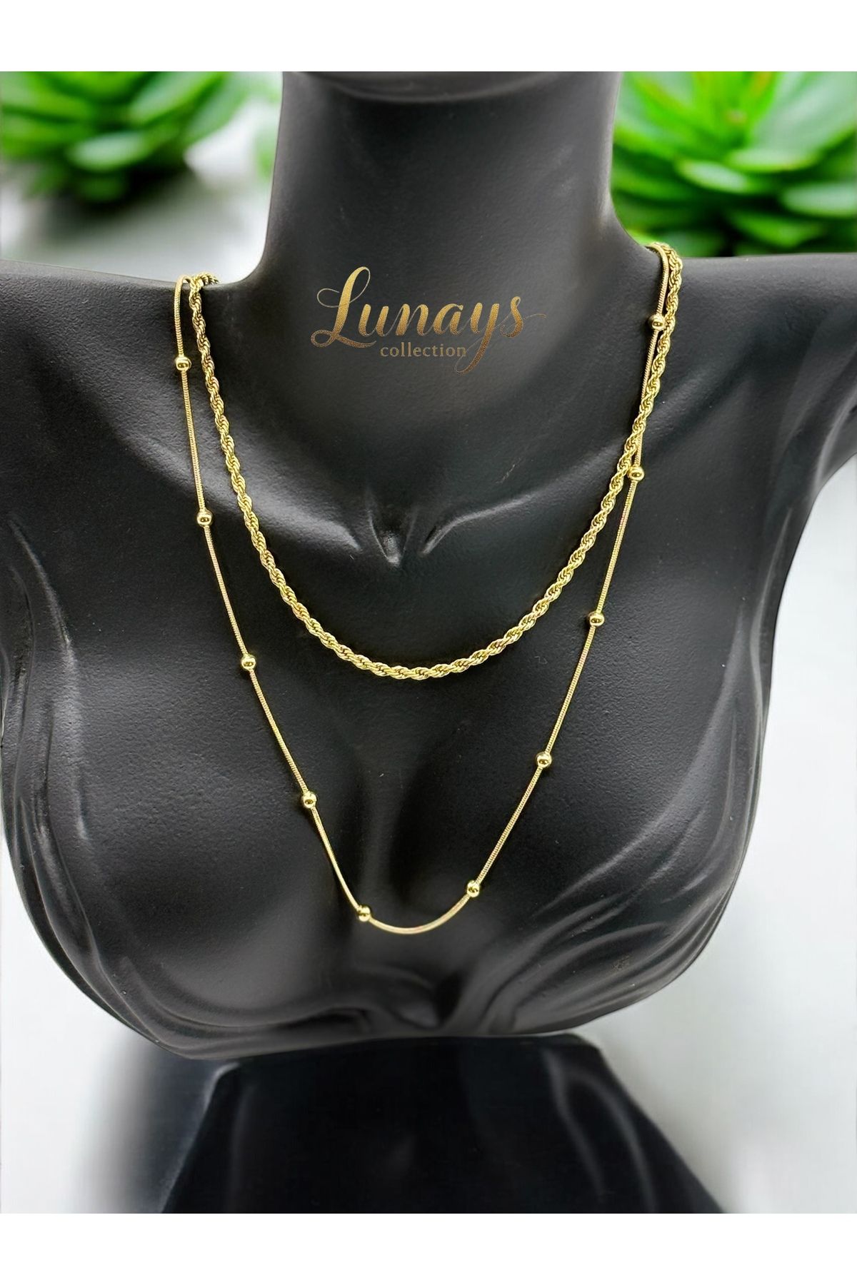 Lunays Paslanmaz Çelik 2 li Dorik Model Zincir Kadın Kolye Gold Renk