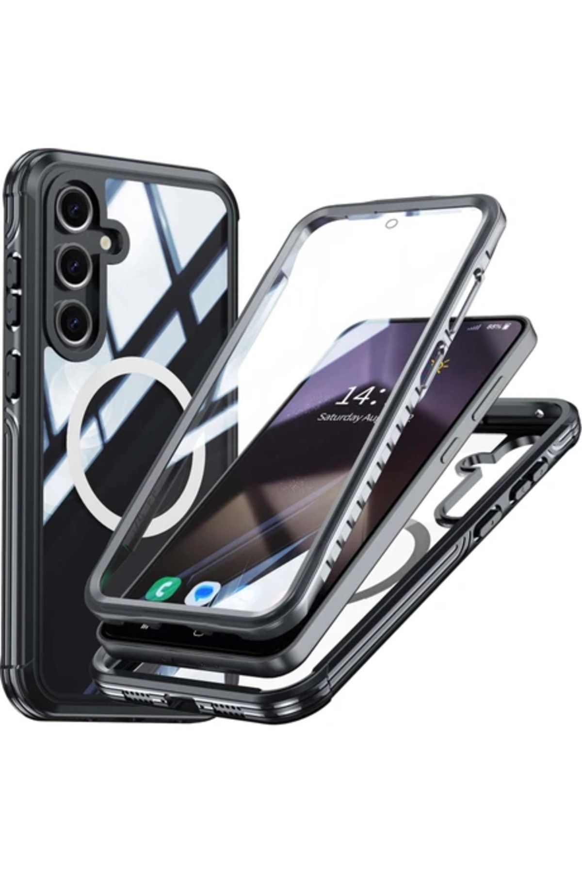 Obay Galaxy S24 Fe Manyetik Kılıf Pc+Tpu Telefon Kapağı Temperli Cam Ekran Filmi-Siyah