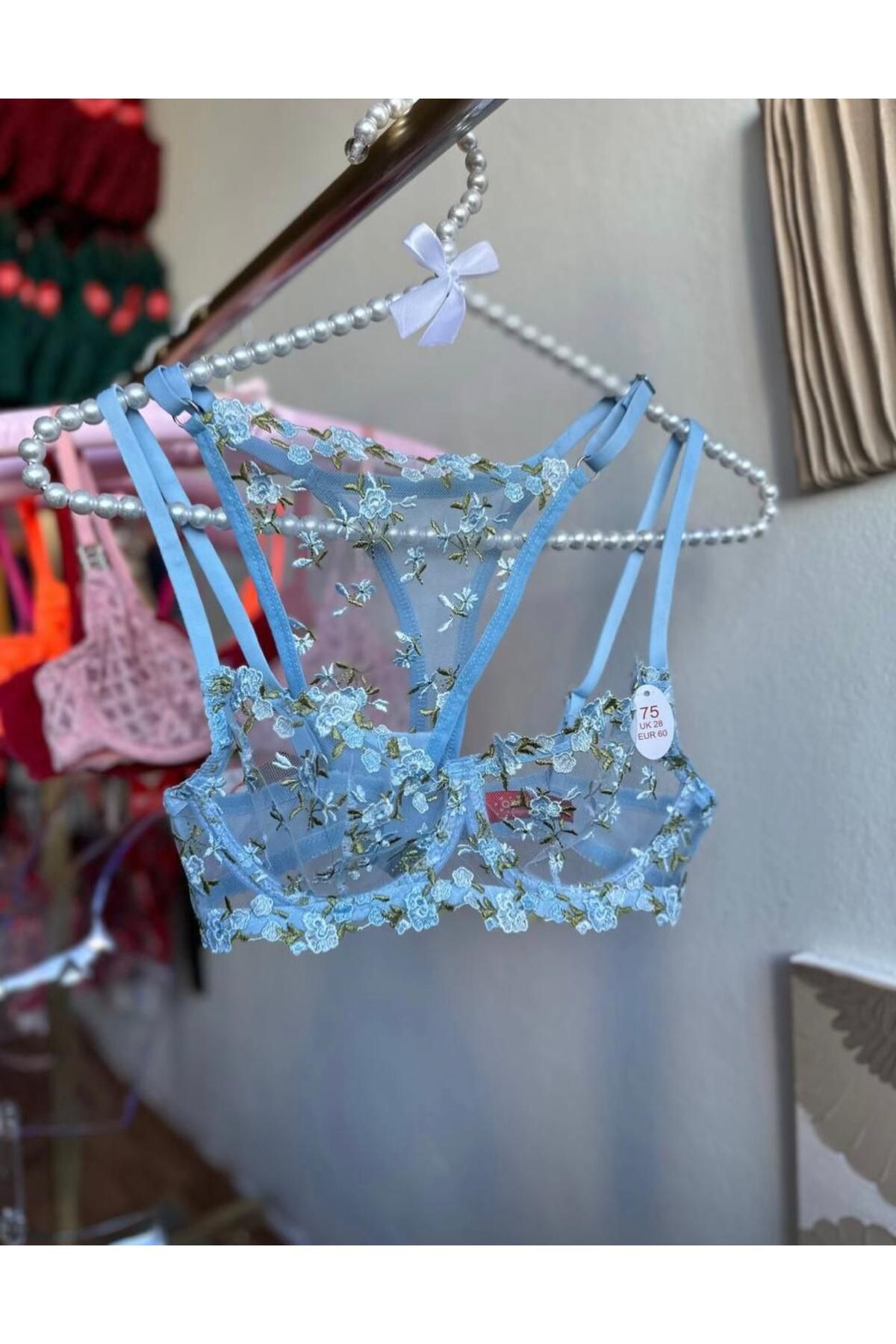 HAMA LOVE Kadın Mavi Çiçek Desenli Tangalı Bralet Sütyen Takımı