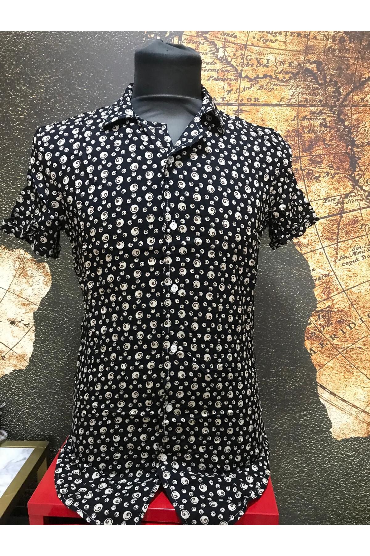 NOVELYA - Cool Regular Fit Baskılı Viskon Kısa Kollu Havaii Gömlek