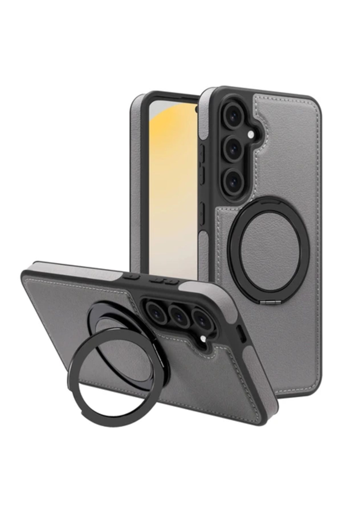 Obay Galaxy S24 Fe Manyetik Kılıf Döndürme Halkası Kickstand Pu Deri+Pc+Tpu Arka Kapak-Gri