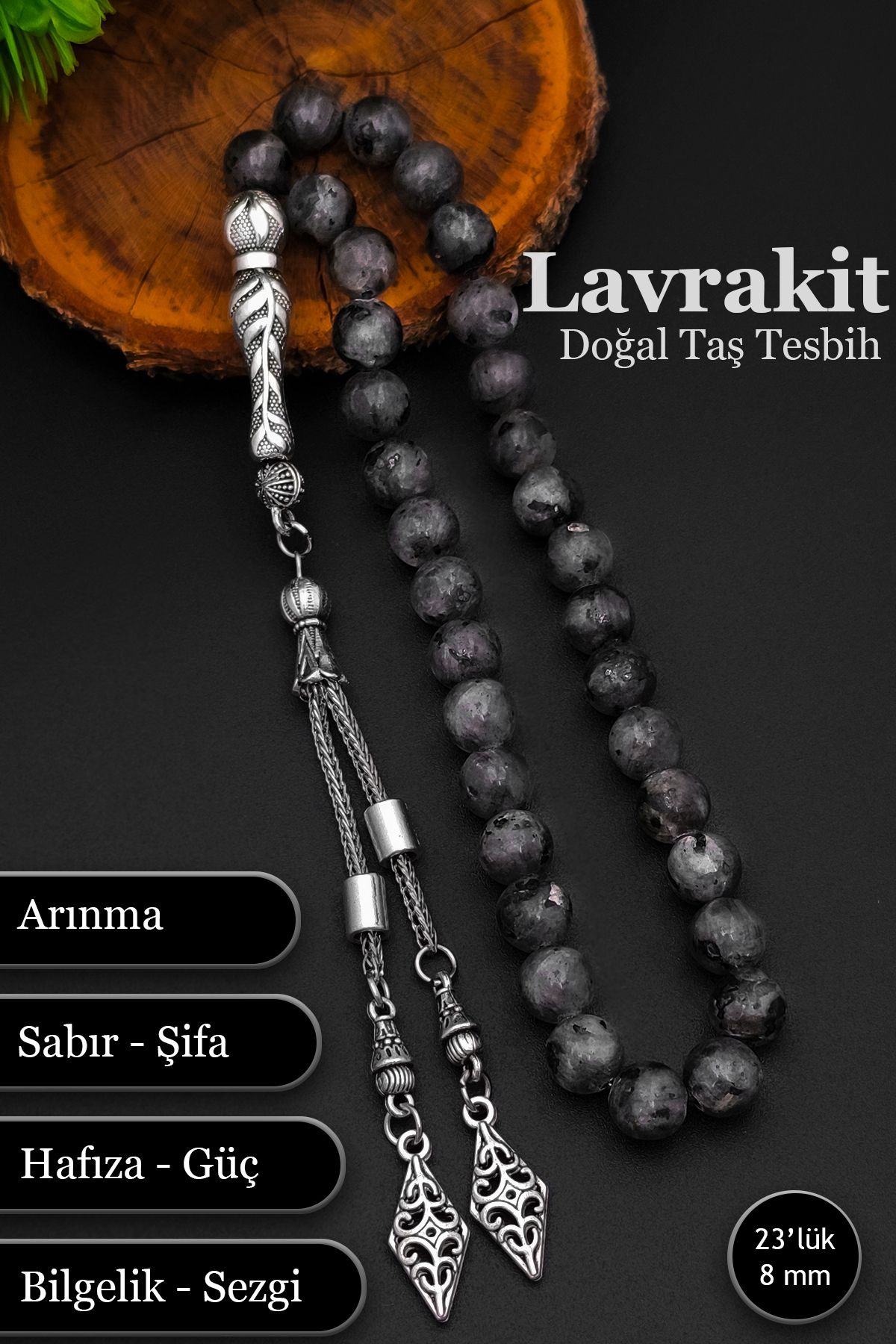 SİLVERA TELKARİ Erkek Doğal Taş Tesbih Lavrakit Tesbih 8 mm BT038