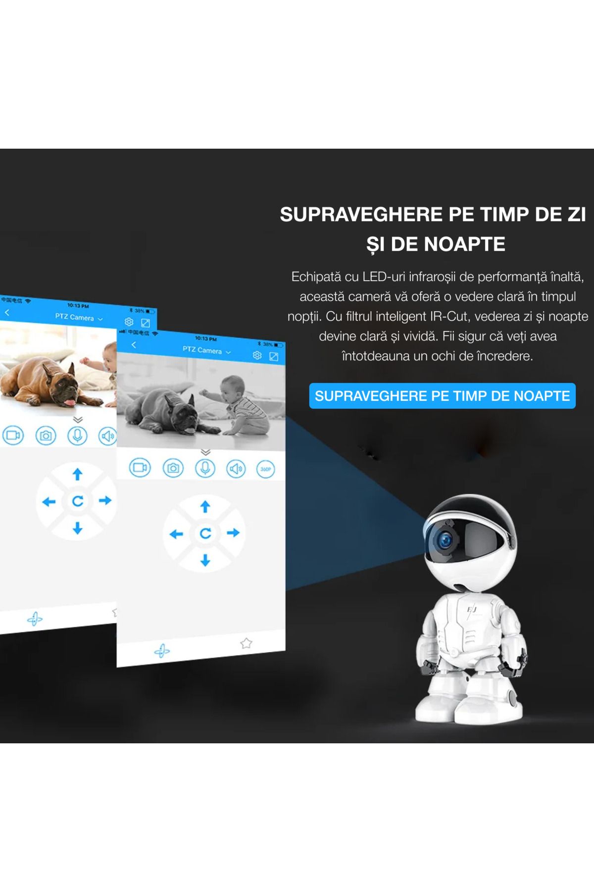 Spionescu-Monitor robot pentru bebeluși, cameră de supraveghere wireless de 2 MP, HD 1080P, senzor de mișcare, 360° 5