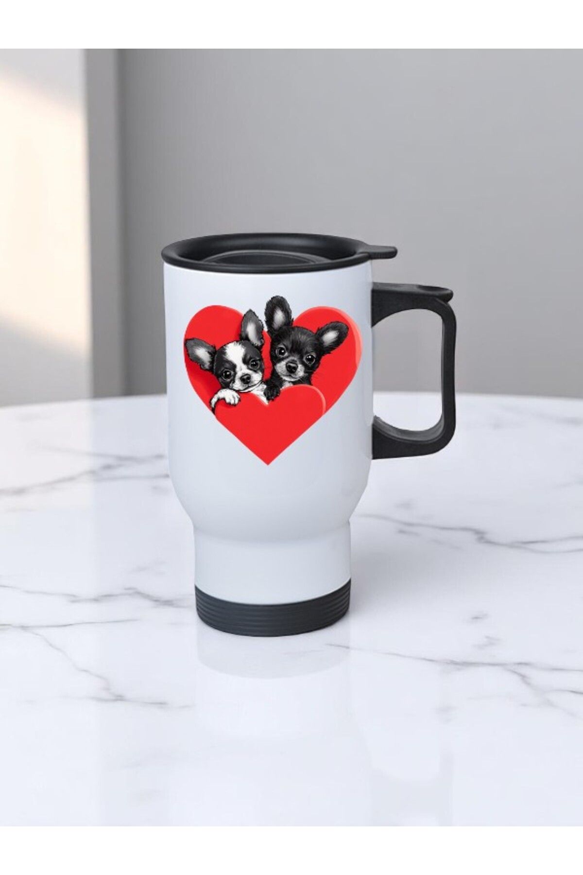 lili hediyelik Kalp İçinde Köpekler Baskılı Kulplu Çelik Bardak Termos 450 ml