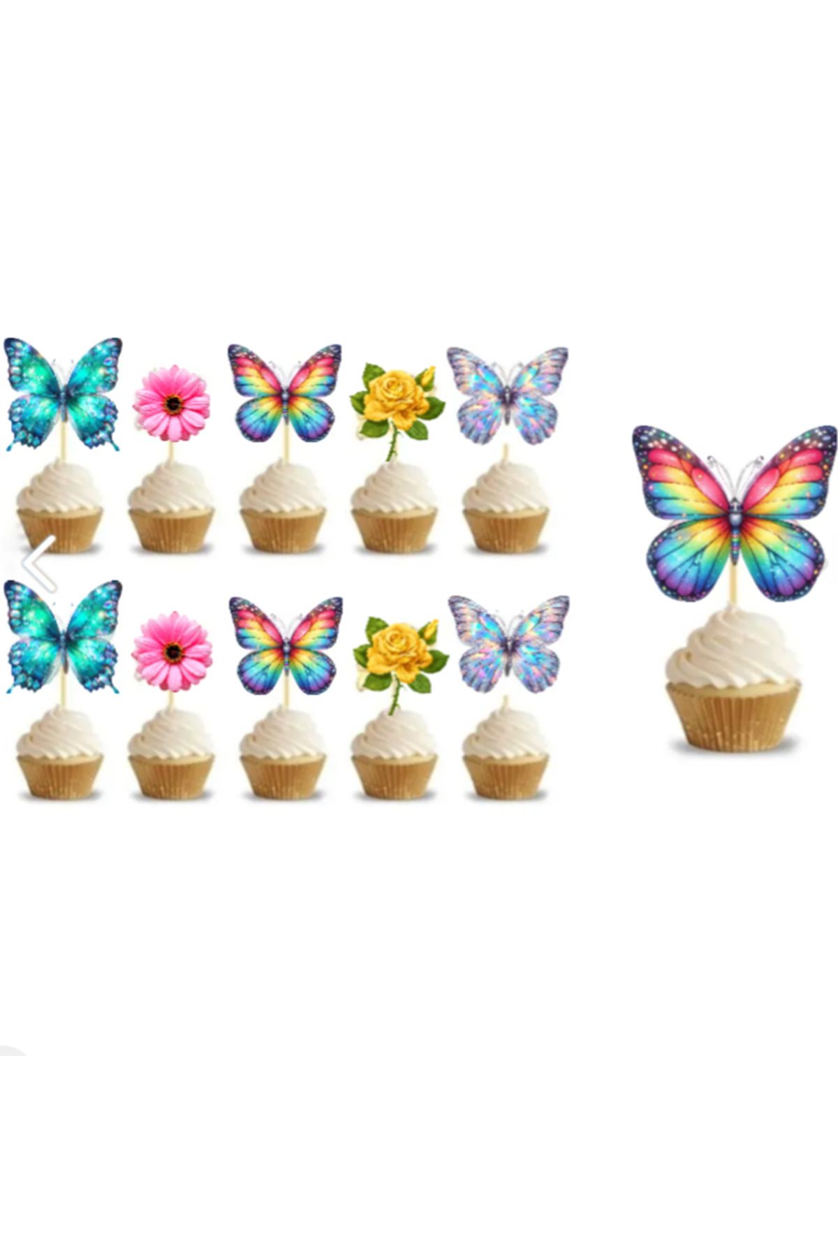 Hiras Dizayn Çiçek ve Kelebek Figürlü 10'lu Kürdan Pasta Süsü Set+Cupcake Kürdanı
