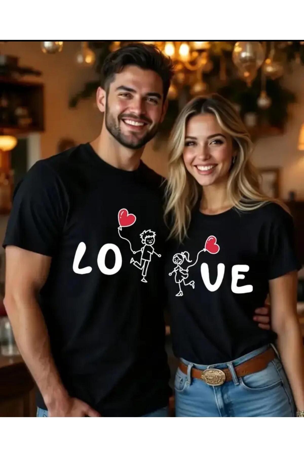 ELZE MODA A KALİTE Çiftlere Özel LO VE Baskılı Tişörtleri Sevgililere Kombin Oversiz