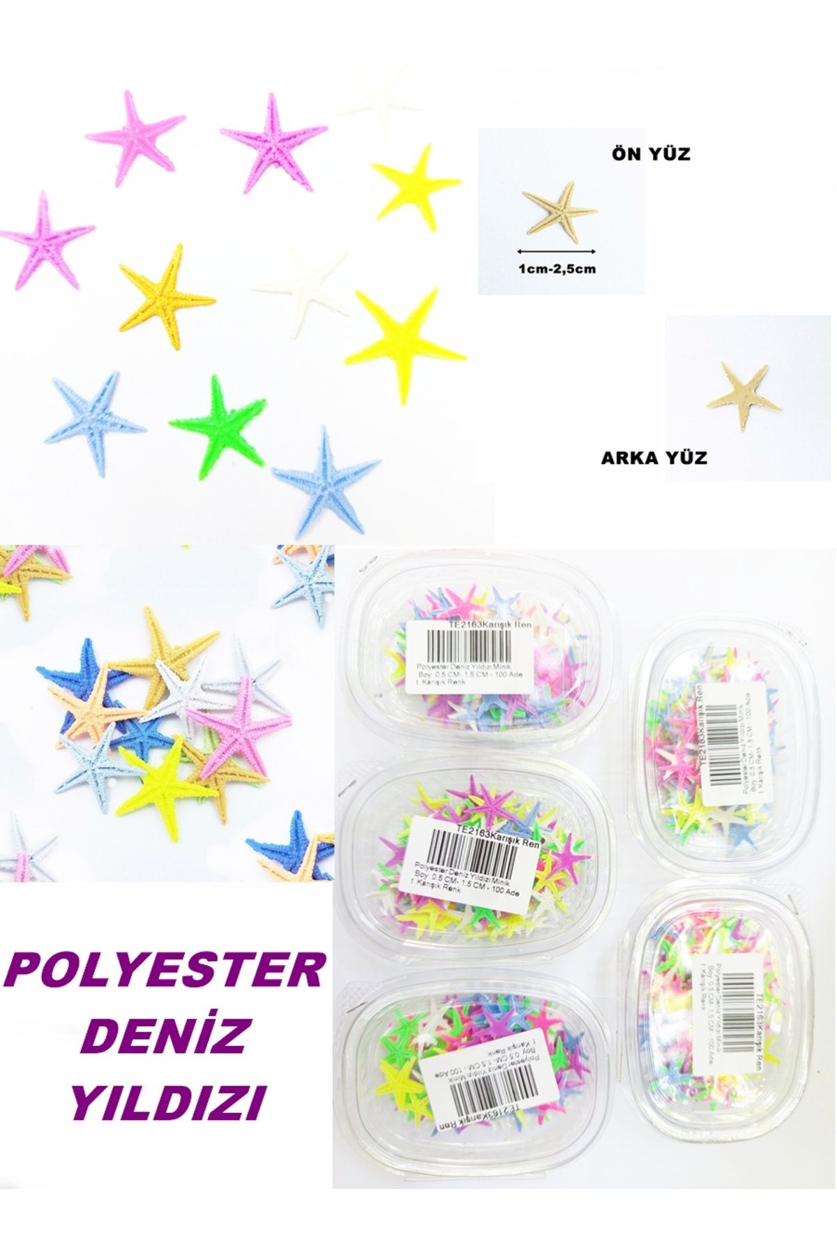 LilaHediyelikEşya 500 Adet Renkli Mini Deniz Yıldızı / Polyester Deniz Yıldızı / En Boy / 1 cm - 2,5 cm Kod / 67850